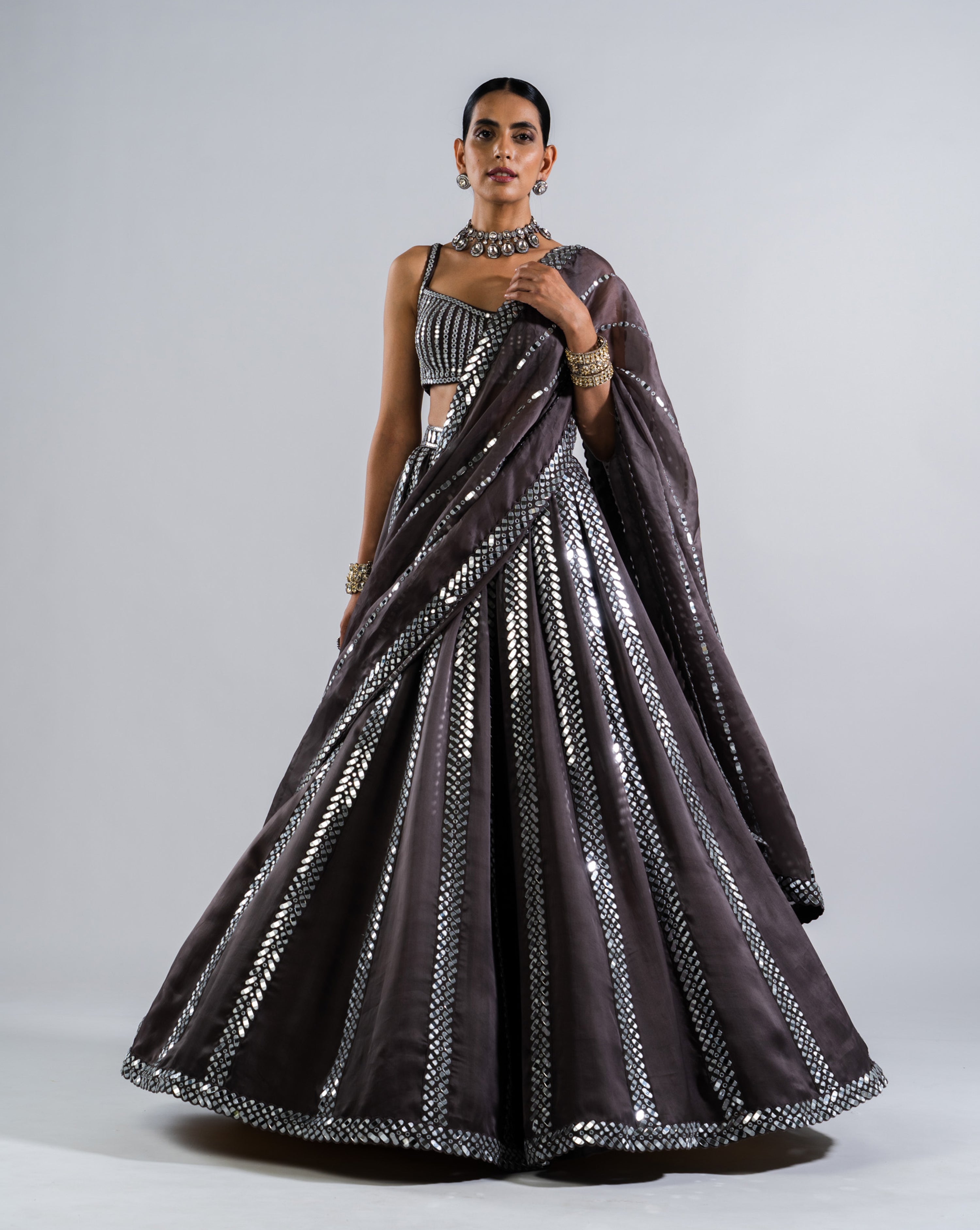 Charcoal Grey Mirror Seam Lehenga With Mirror Blouse