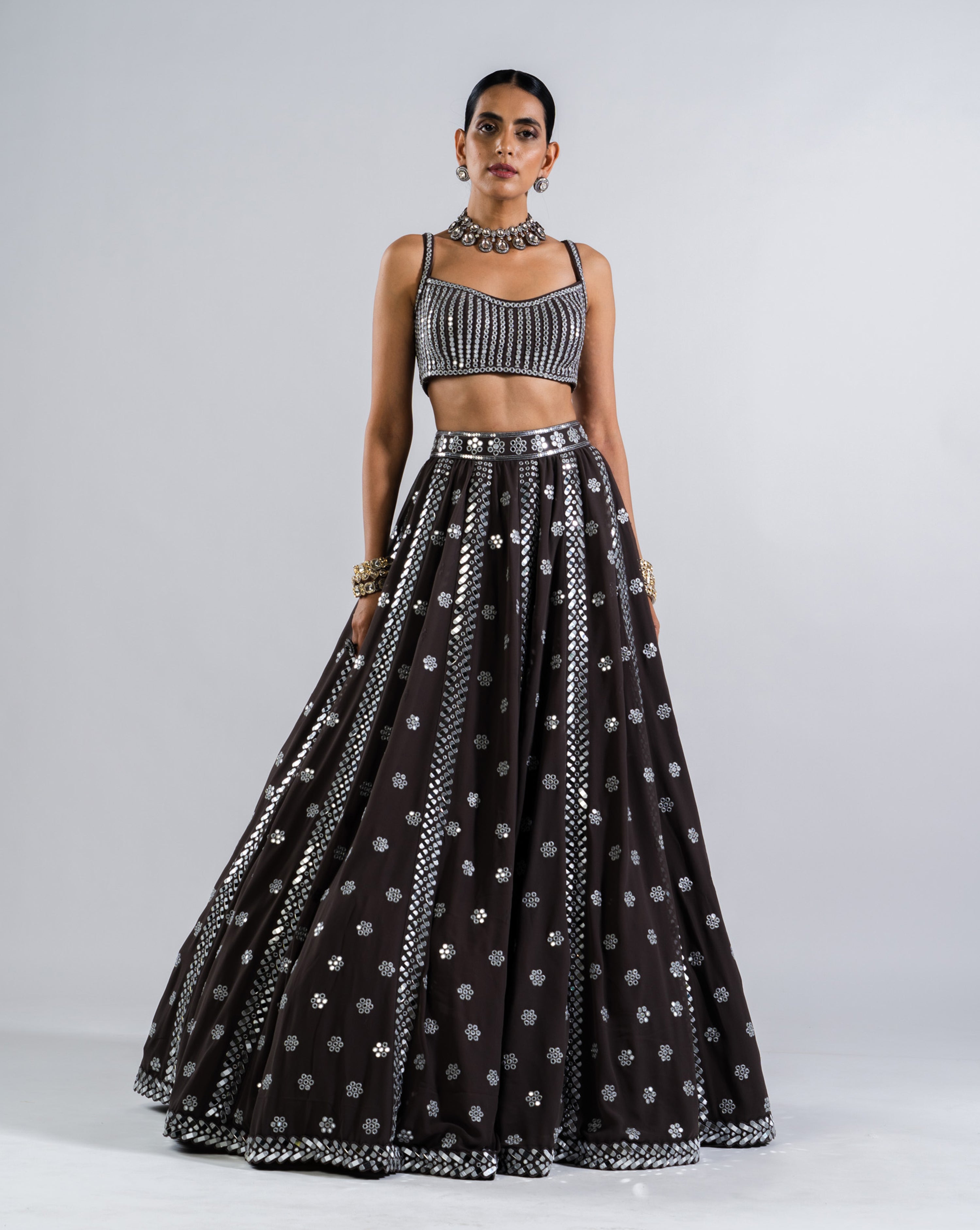 Charcoal Grey Flower Lehenga Set