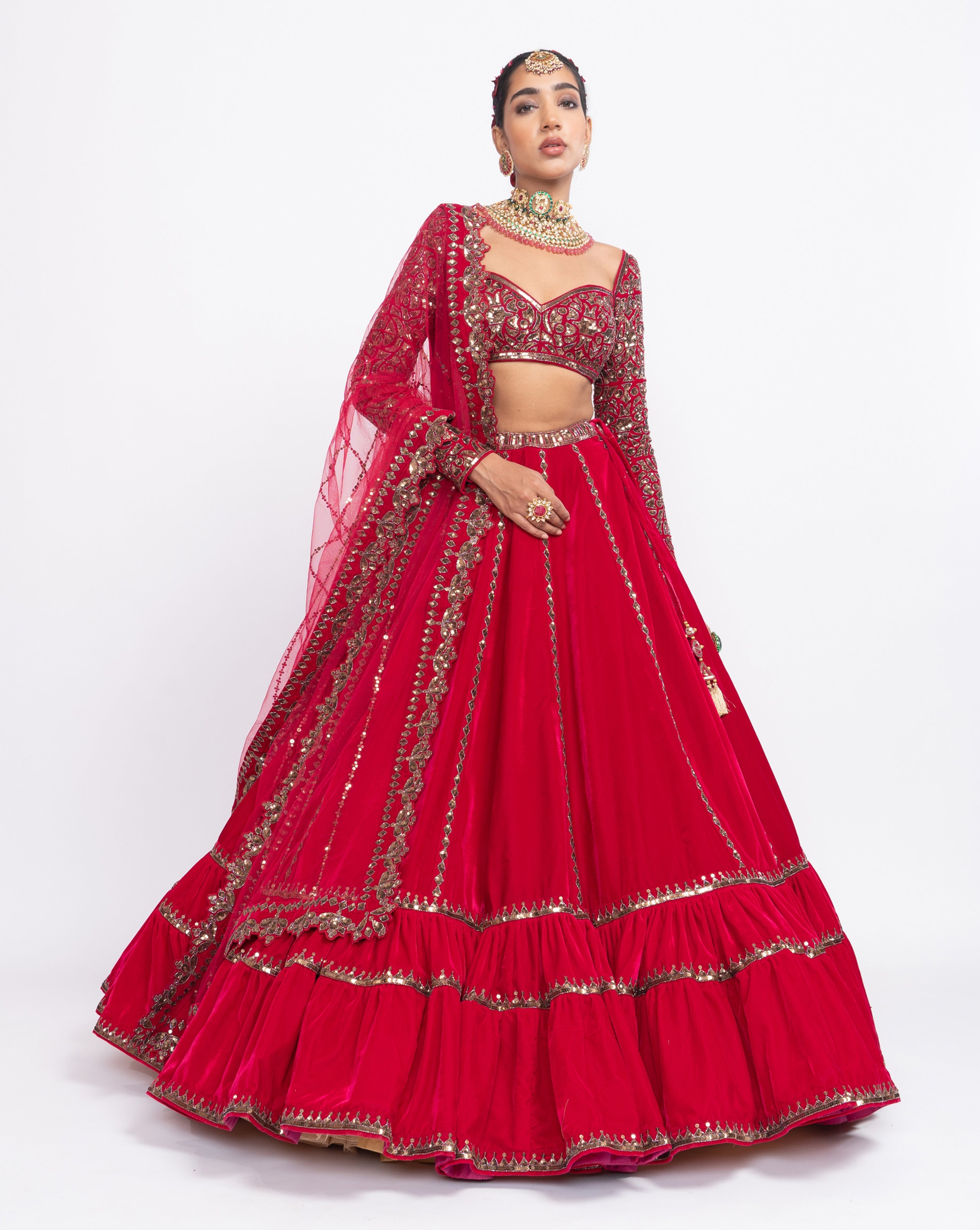 Red Double Tier Lehenga Set