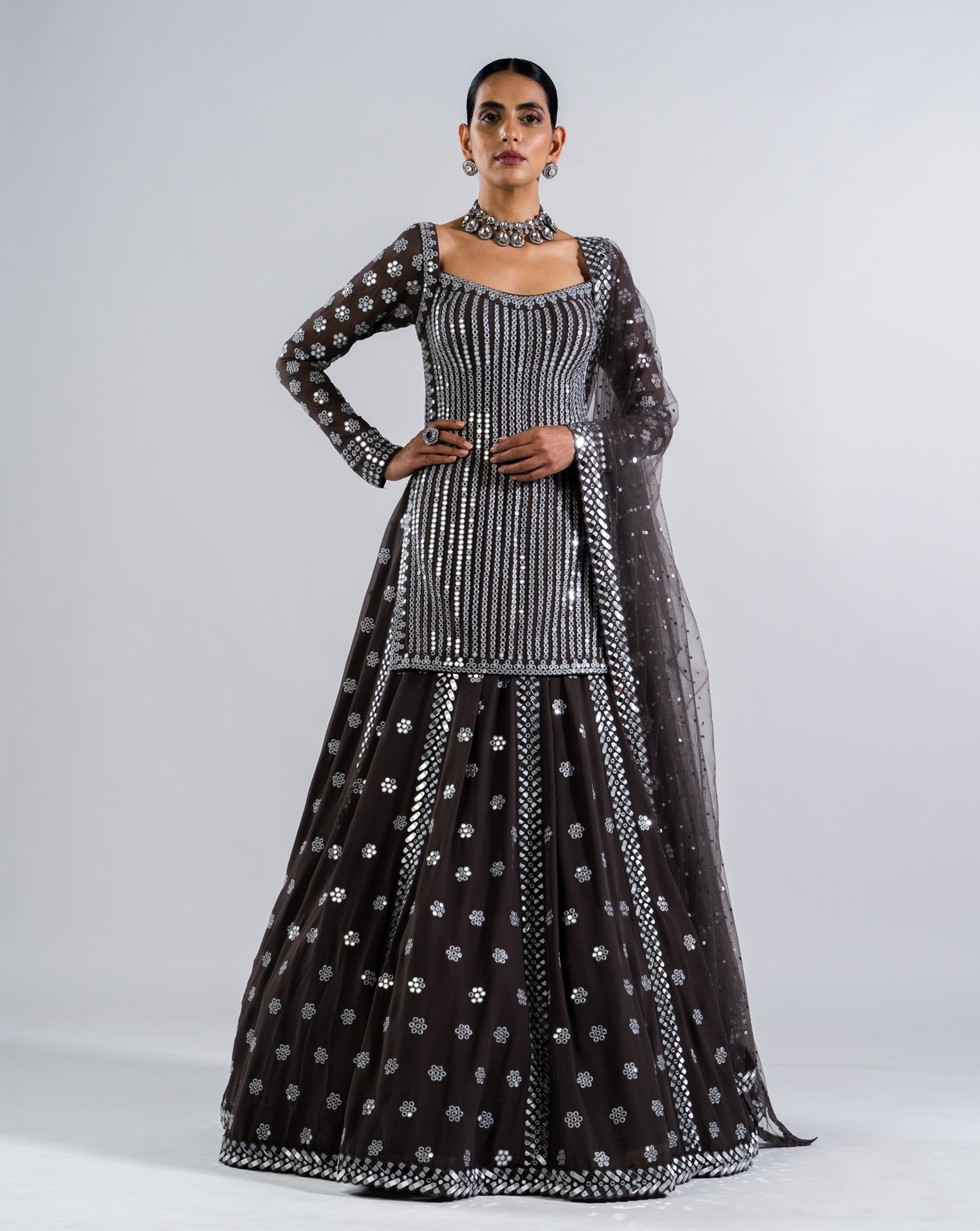 Charcoal Grey Mirror Work Kurta Lehenga Set