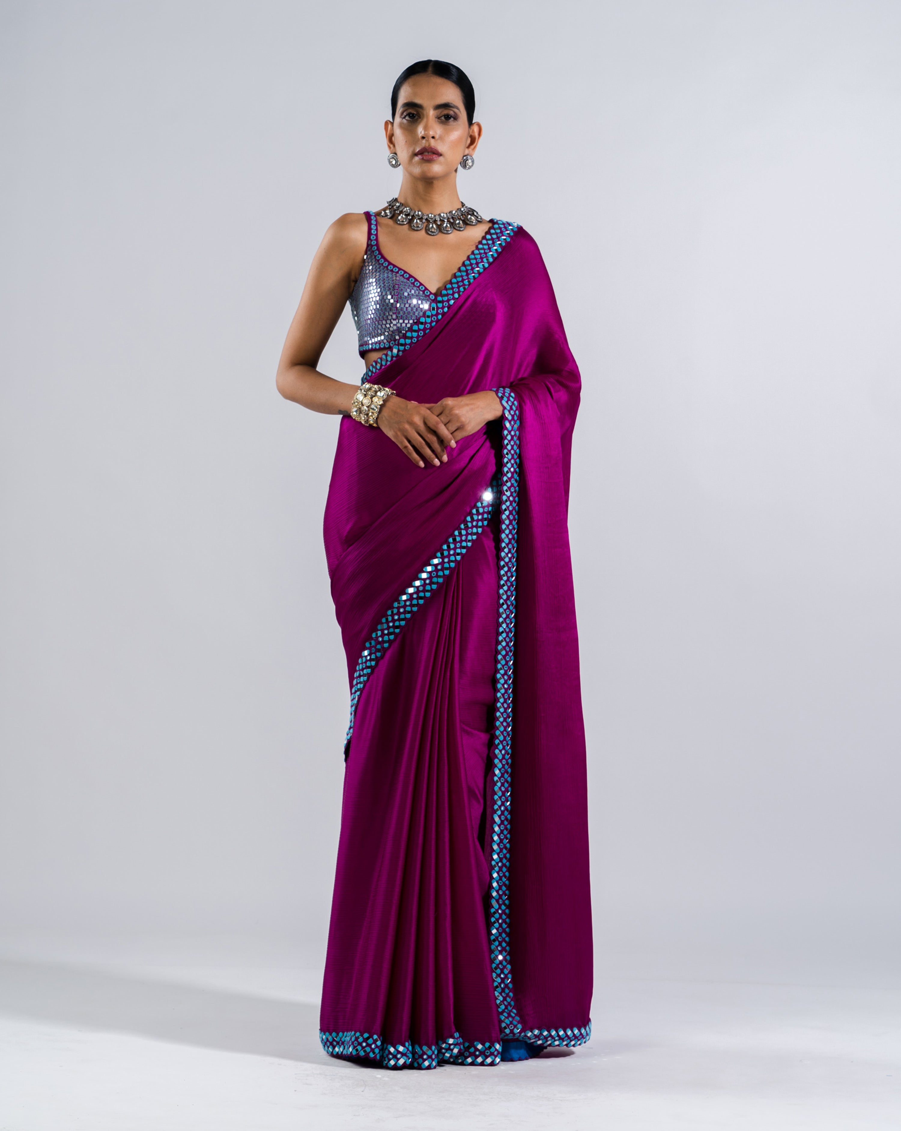 Pop Wine Satin Chiffon Saree Set