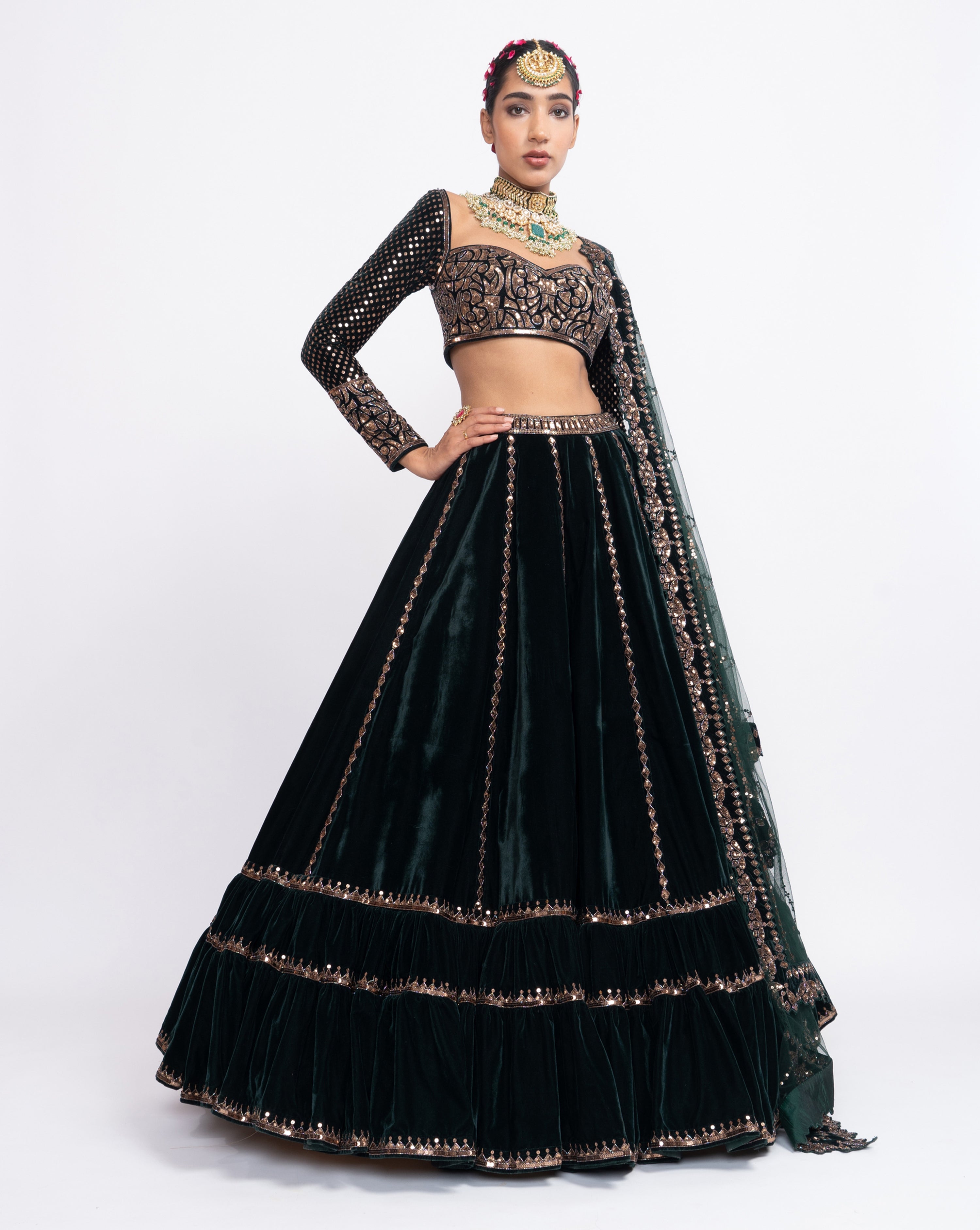 Deep Green Double Tier Lehenga Set