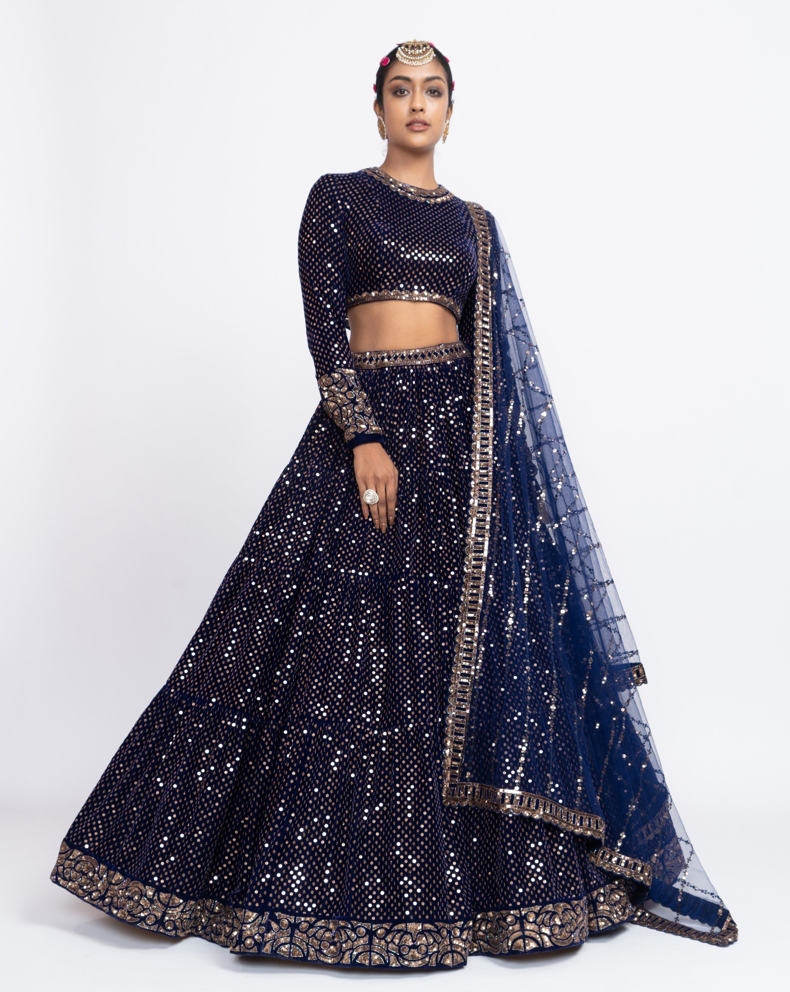 Navy Blue Dense Dot Lehenga Set