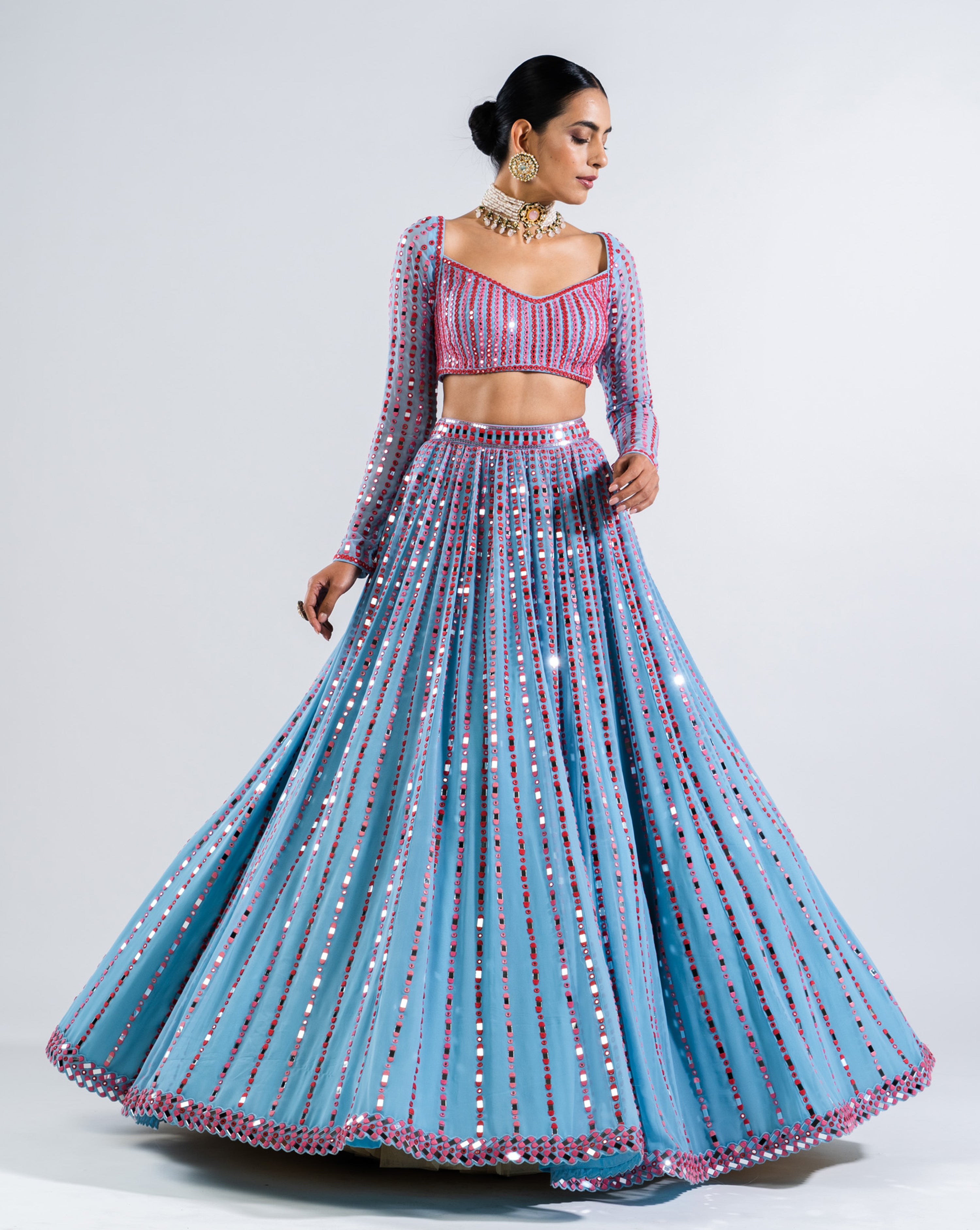 Ice Blue Linear Drop Lehenga Set