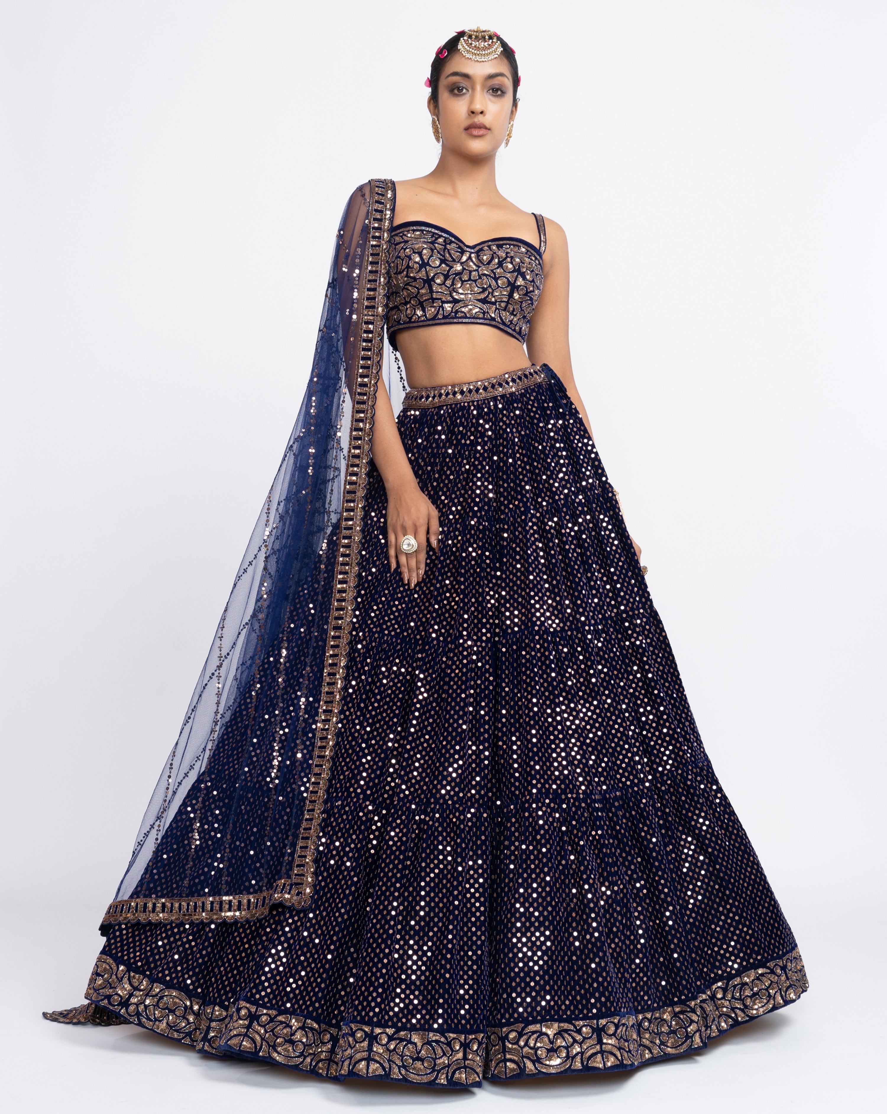 Navy Blue Dense Dot Corset Lehenga Set