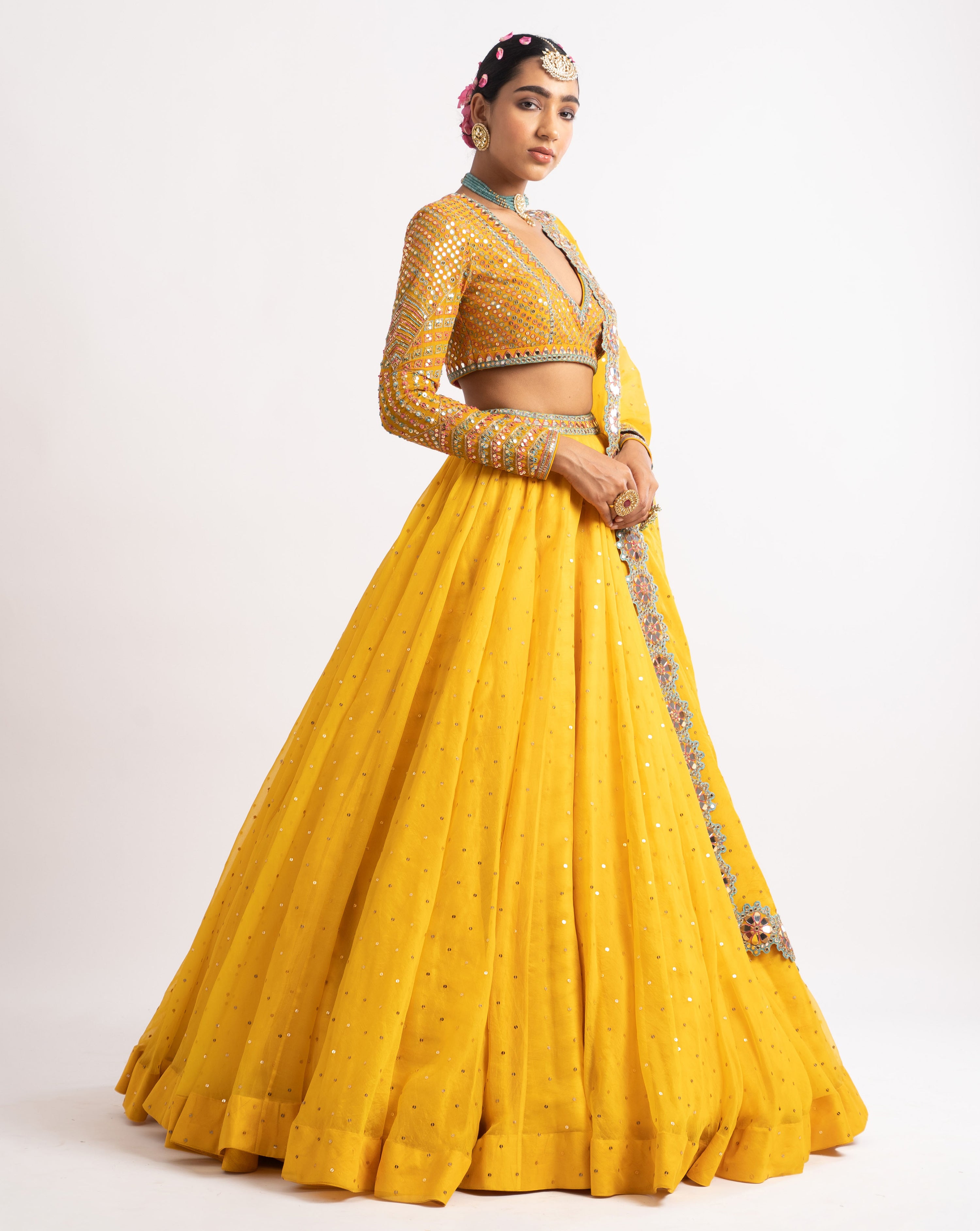 Yellow Silk Organza Lehenga Set