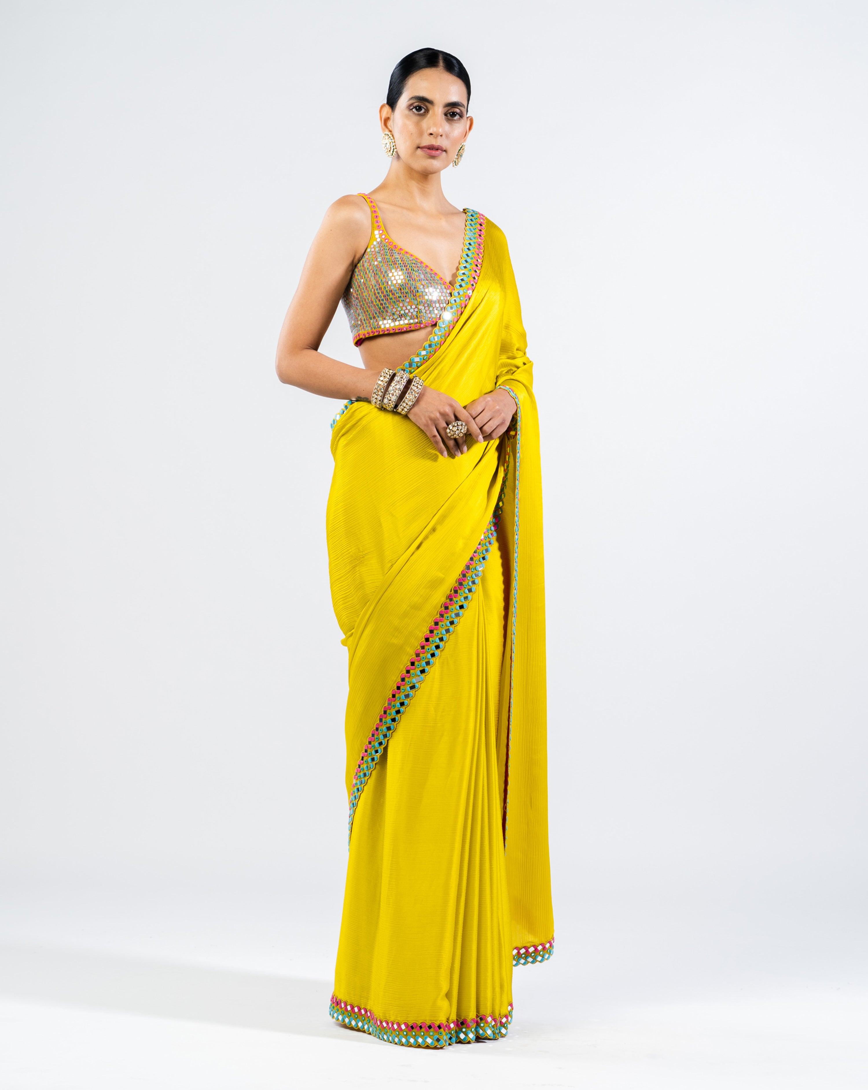 Moss Green Satin Chiffon Saree With Metallic Blouse