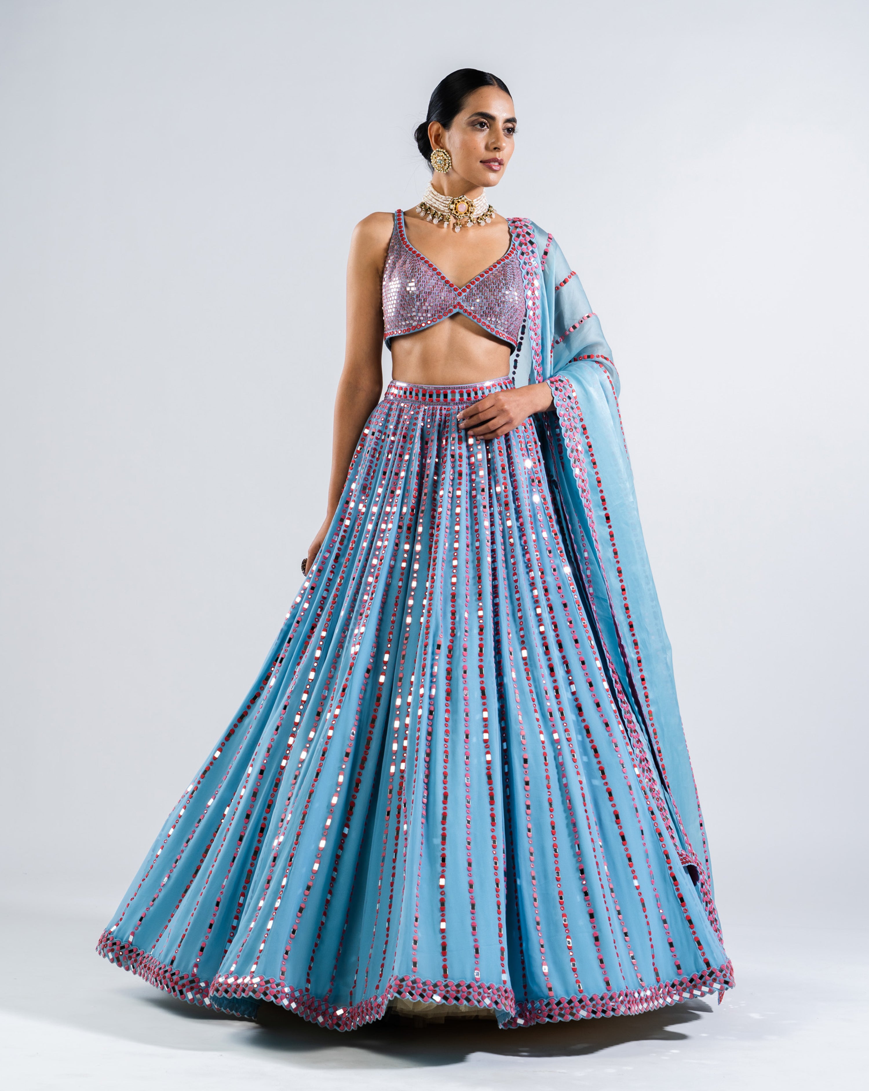 Ice Blue Linear Drop Lehenga With Metallic Blouse