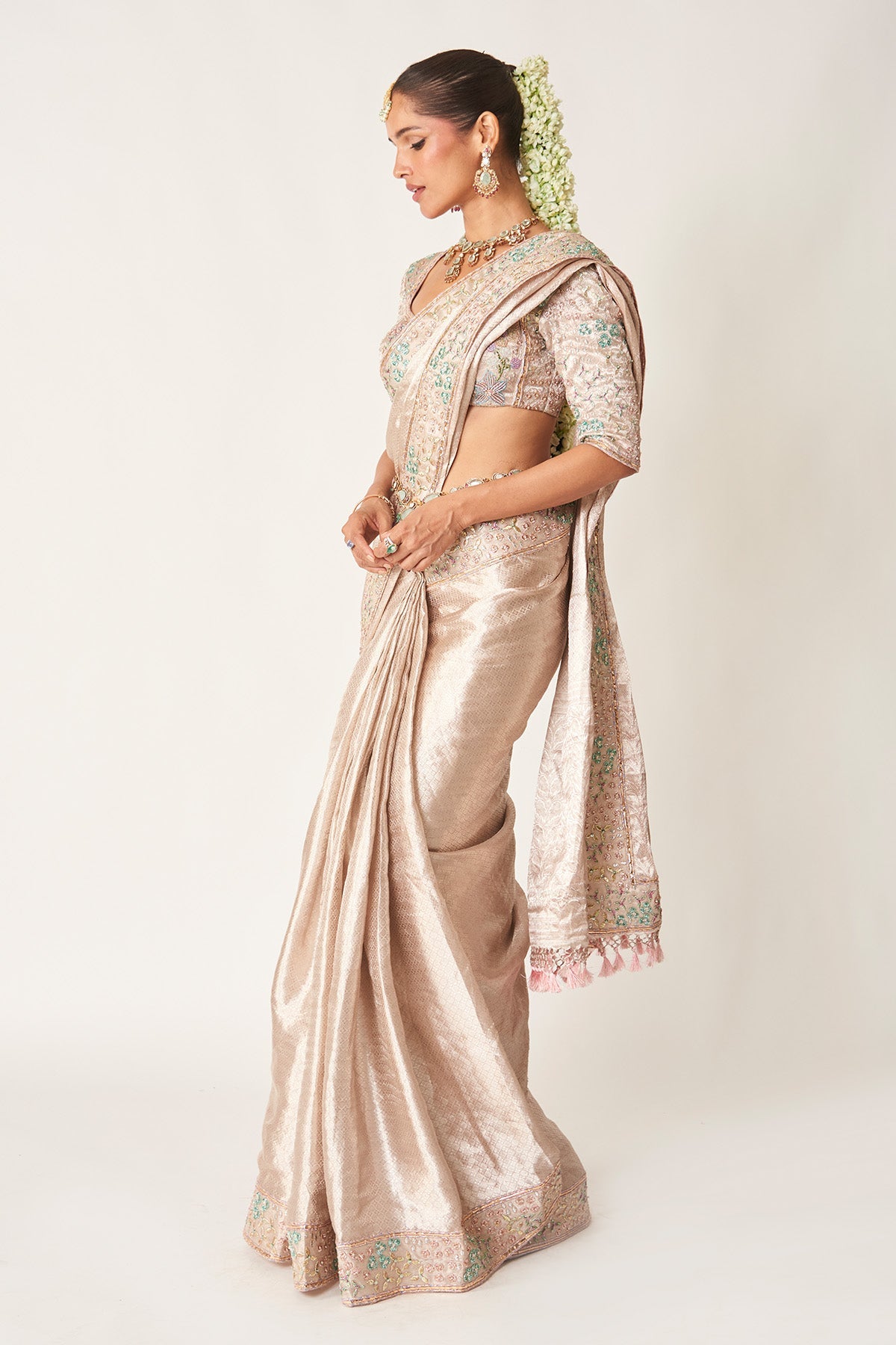 Naira - Rose Champagne Banarasi Tissue Brocade Saree