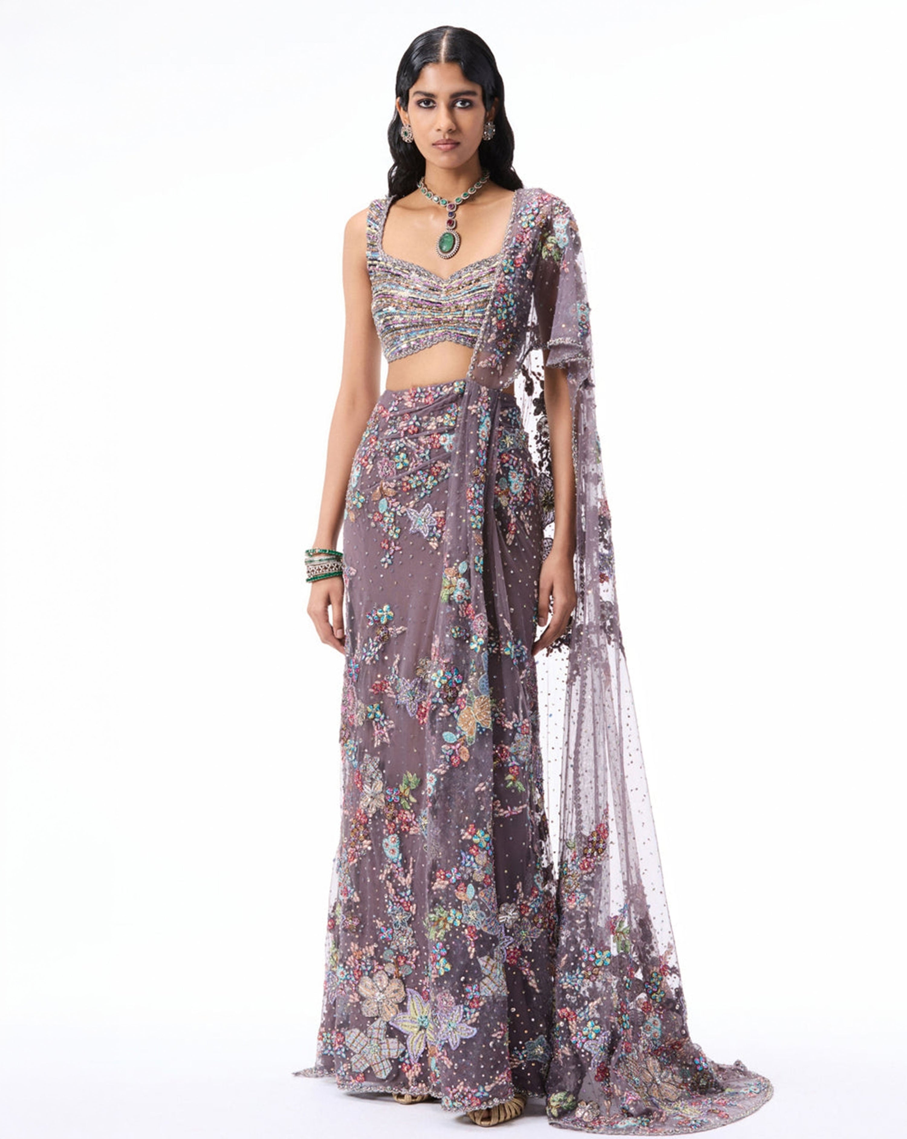 Rosemist - Gunmetal Tulle Drape Saree - Ready to Ship