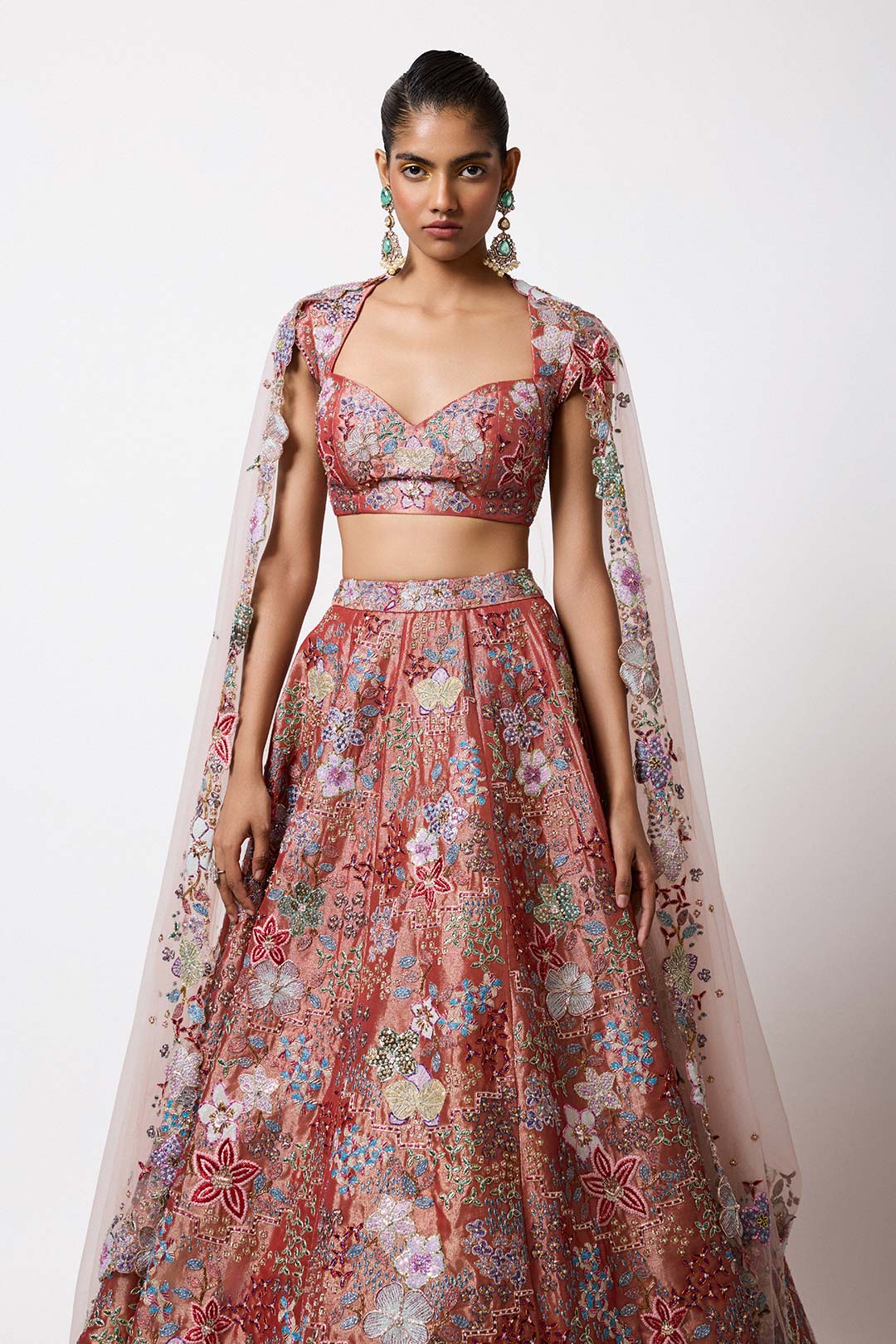 Etoile - Rust Red Tissue Lehenga