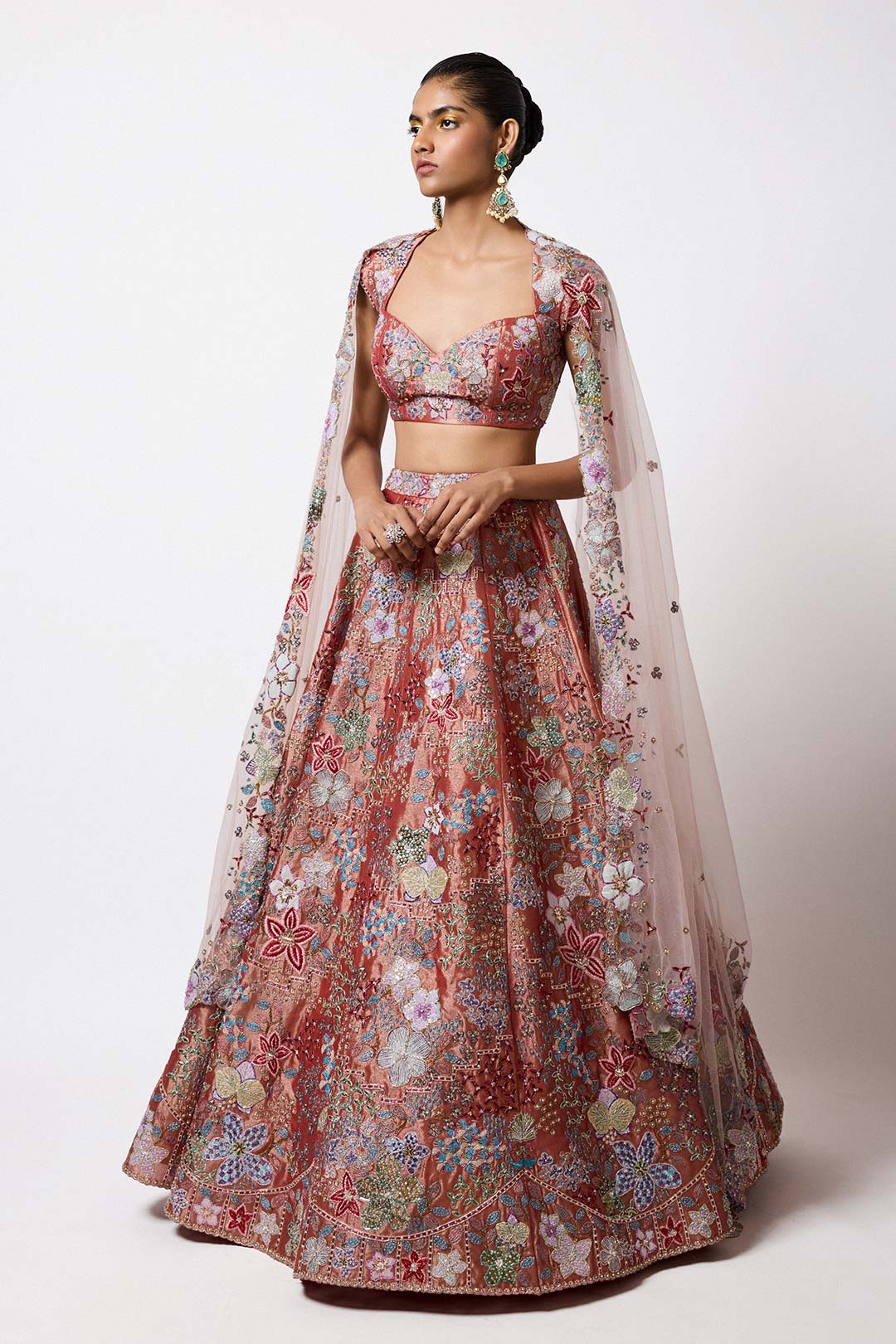 Etoile - Rust Red Tissue Lehenga