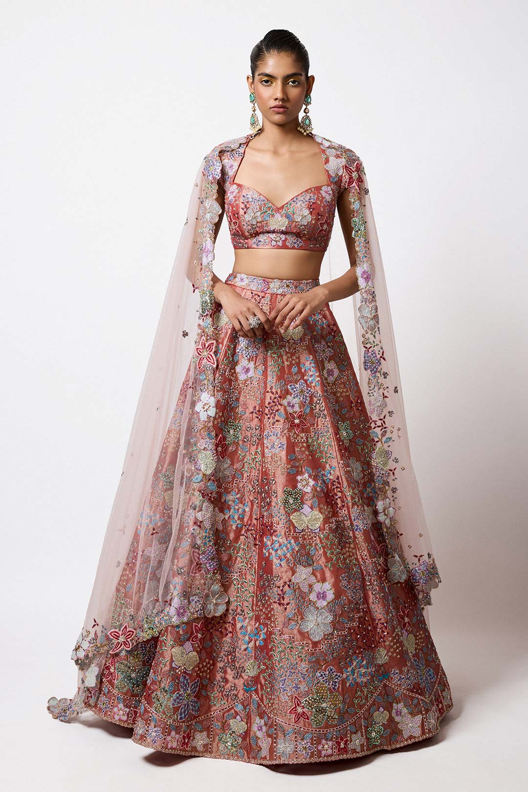Etoile - Rust Red Tissue Lehenga