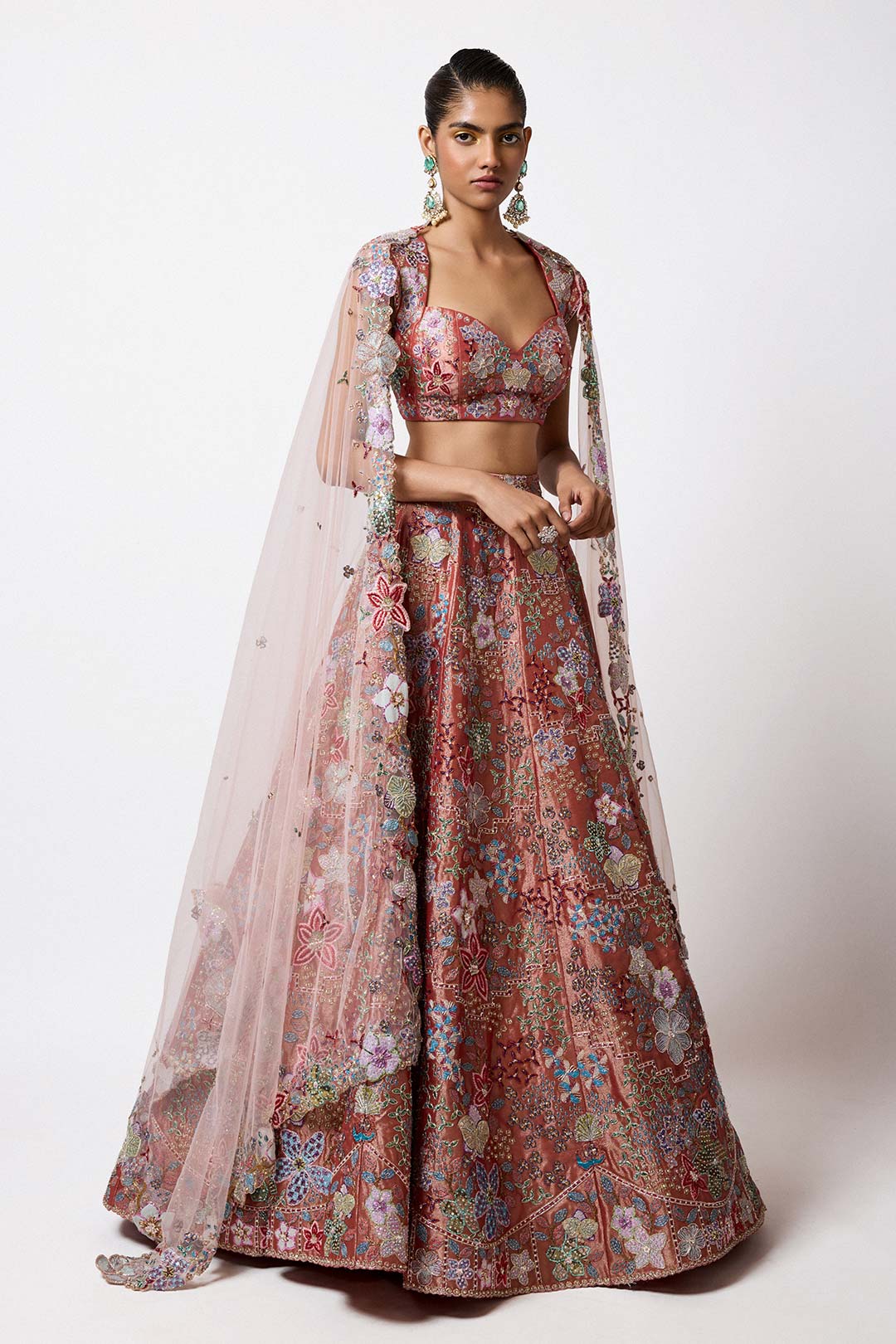 Etoile - Rust Red Tissue Lehenga