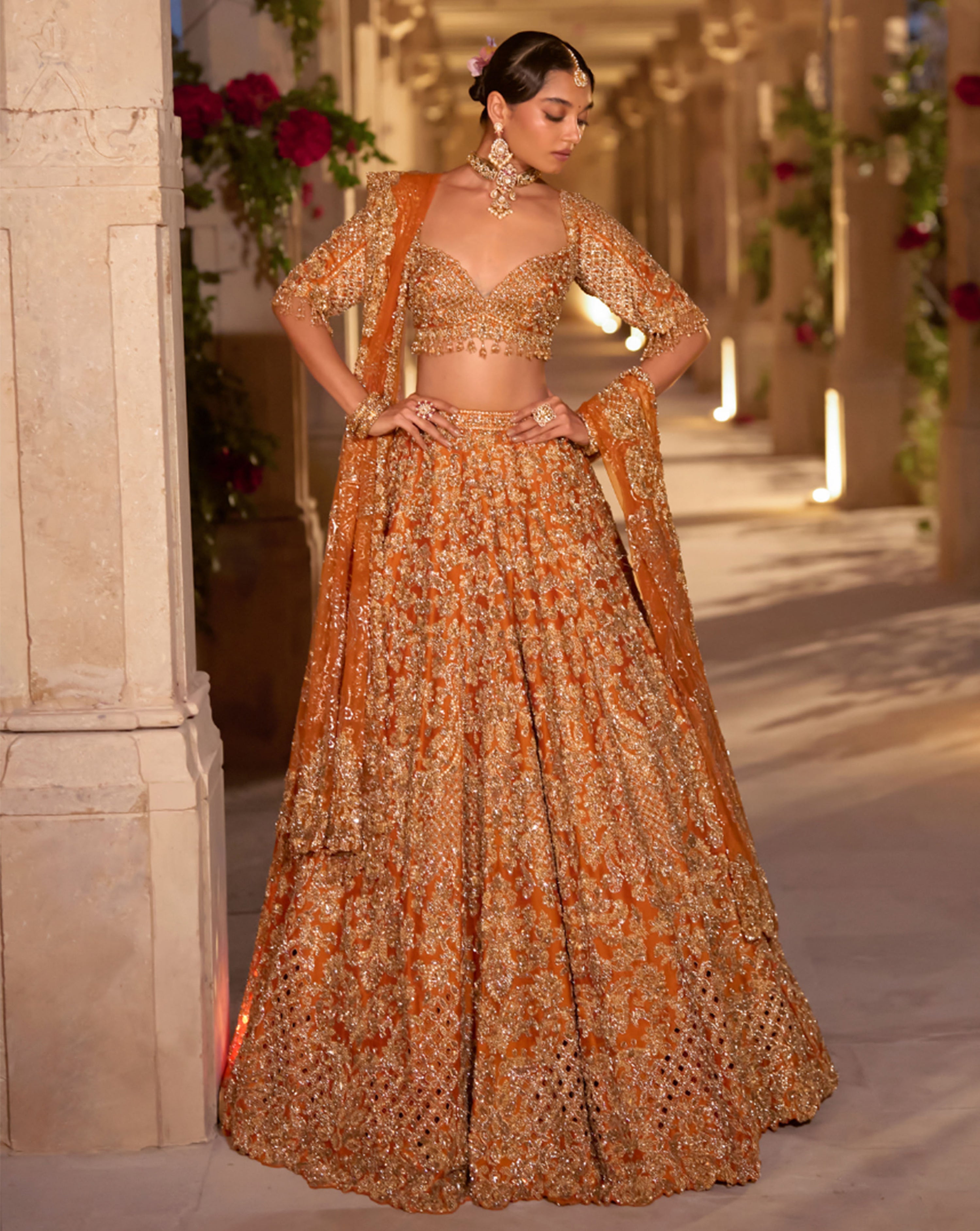 Rust Zardosi Cut Work Lehenga Set
