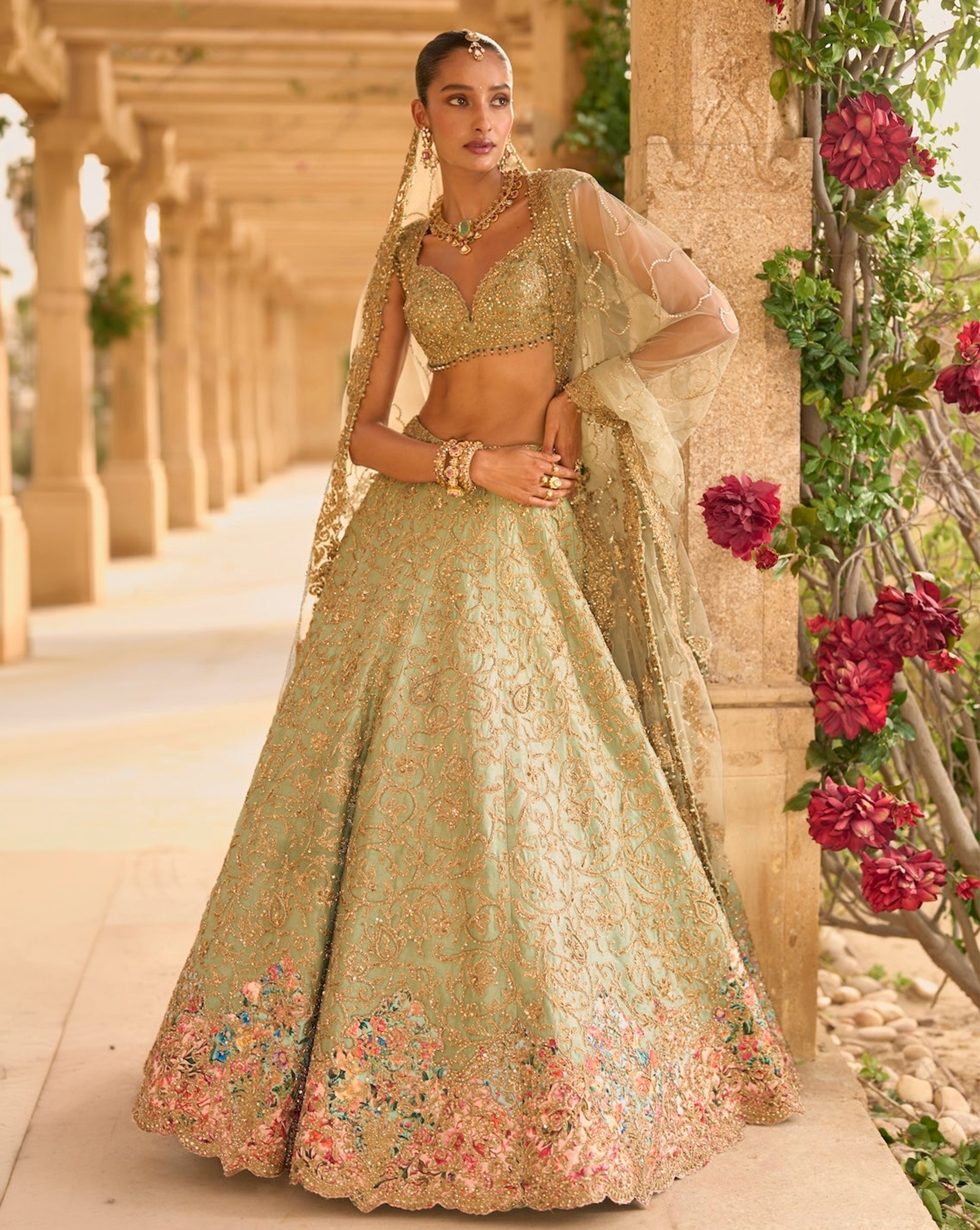 Sage Green Applique Work Lehenga Set