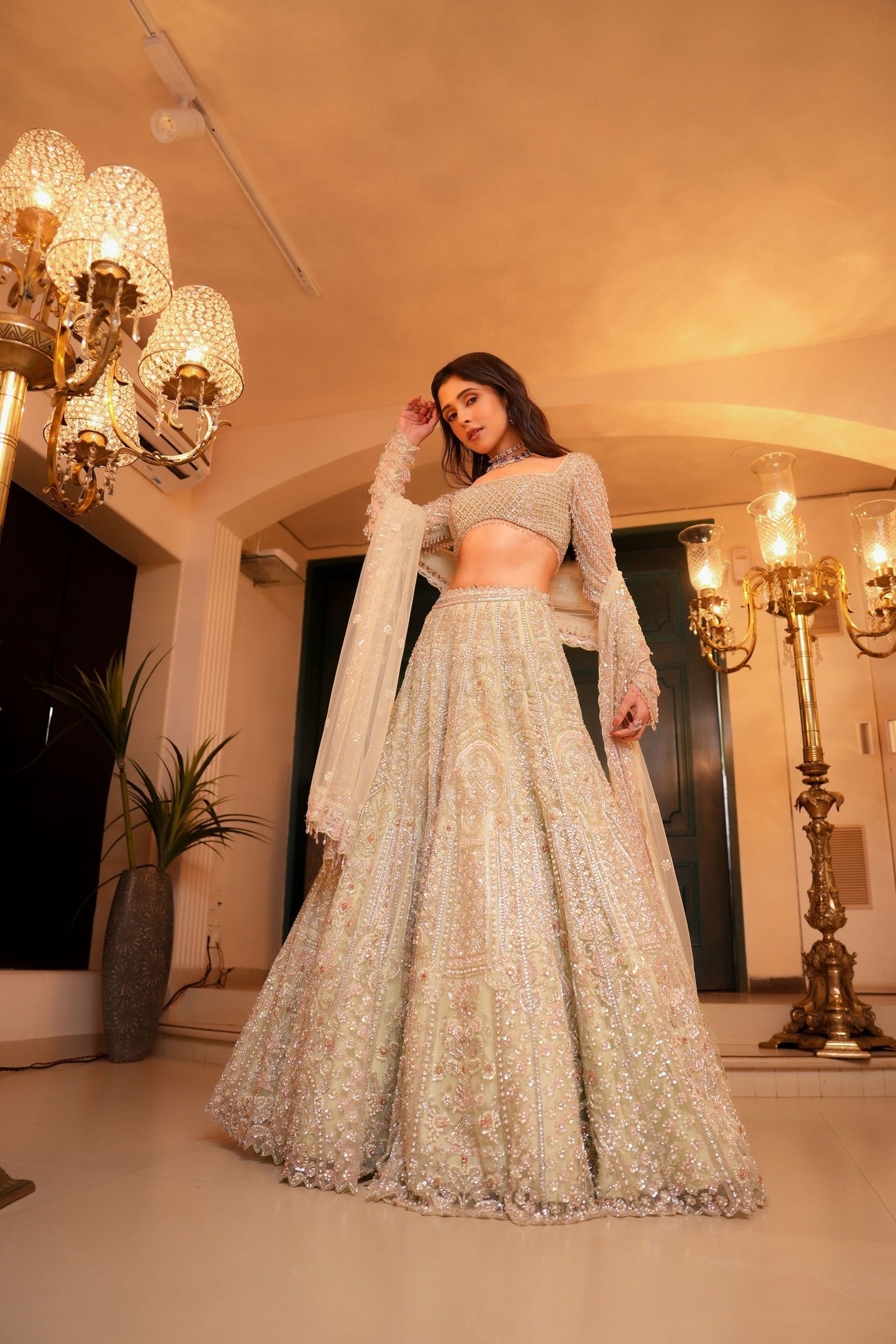 Sea Green Bridal Lehenga with Pink Accents