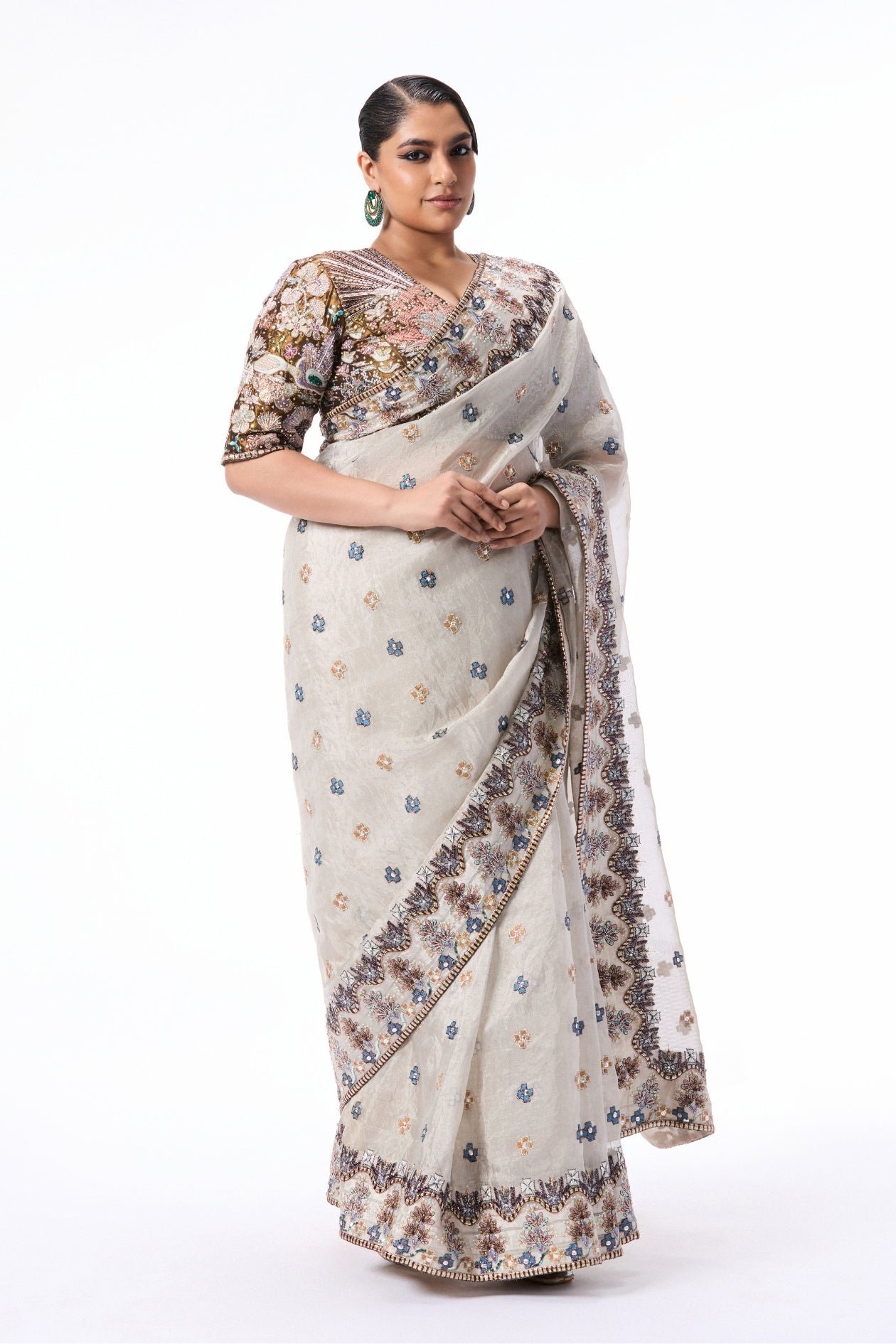 Petalstorm - Silver Banarasi Tissue Brocade Saree