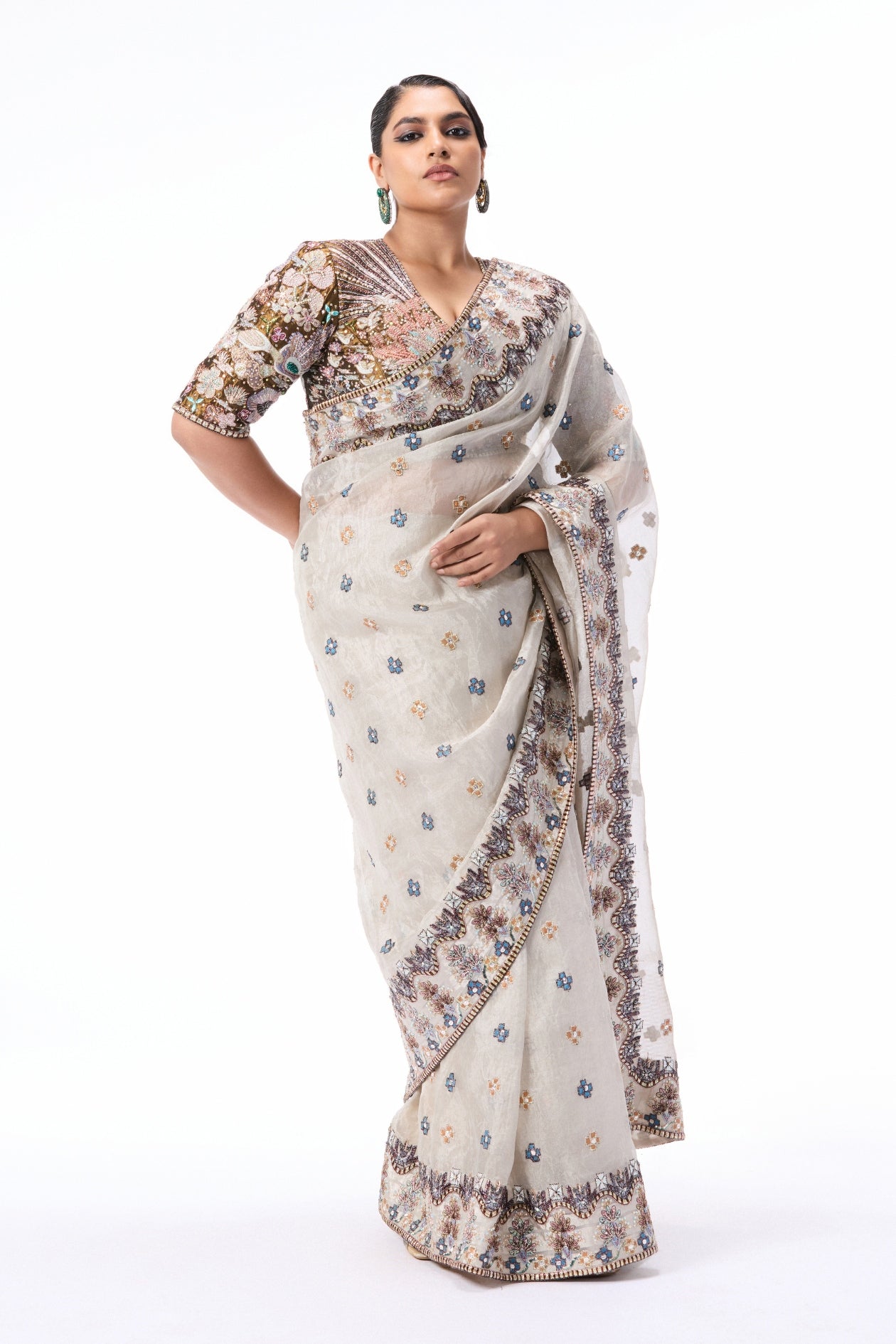 Petalstorm - Silver Banarasi Tissue Brocade Saree