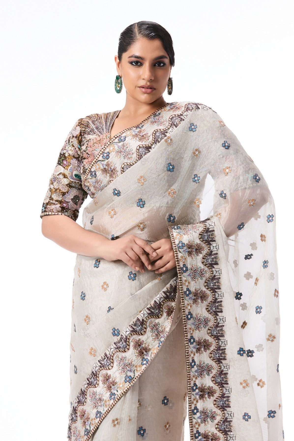Petalstorm - Silver Banarasi Tissue Brocade Saree
