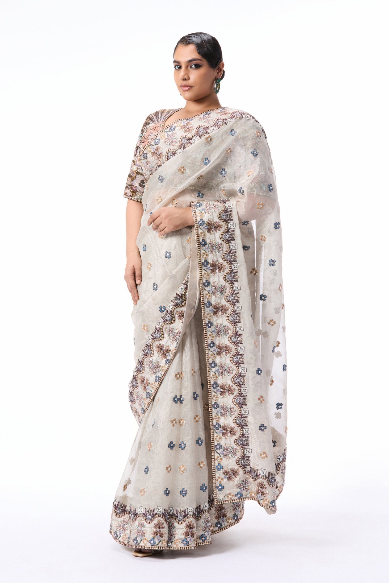 Petalstorm - Silver Banarasi Tissue Brocade Saree