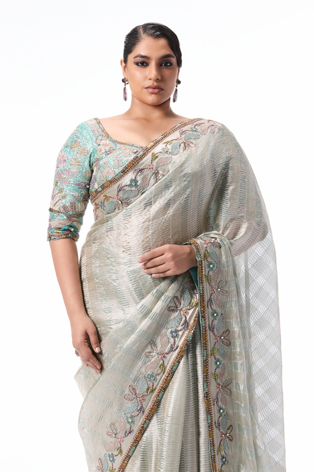 Joybloom - Silver Banarasi Tissue Brocade Saree
