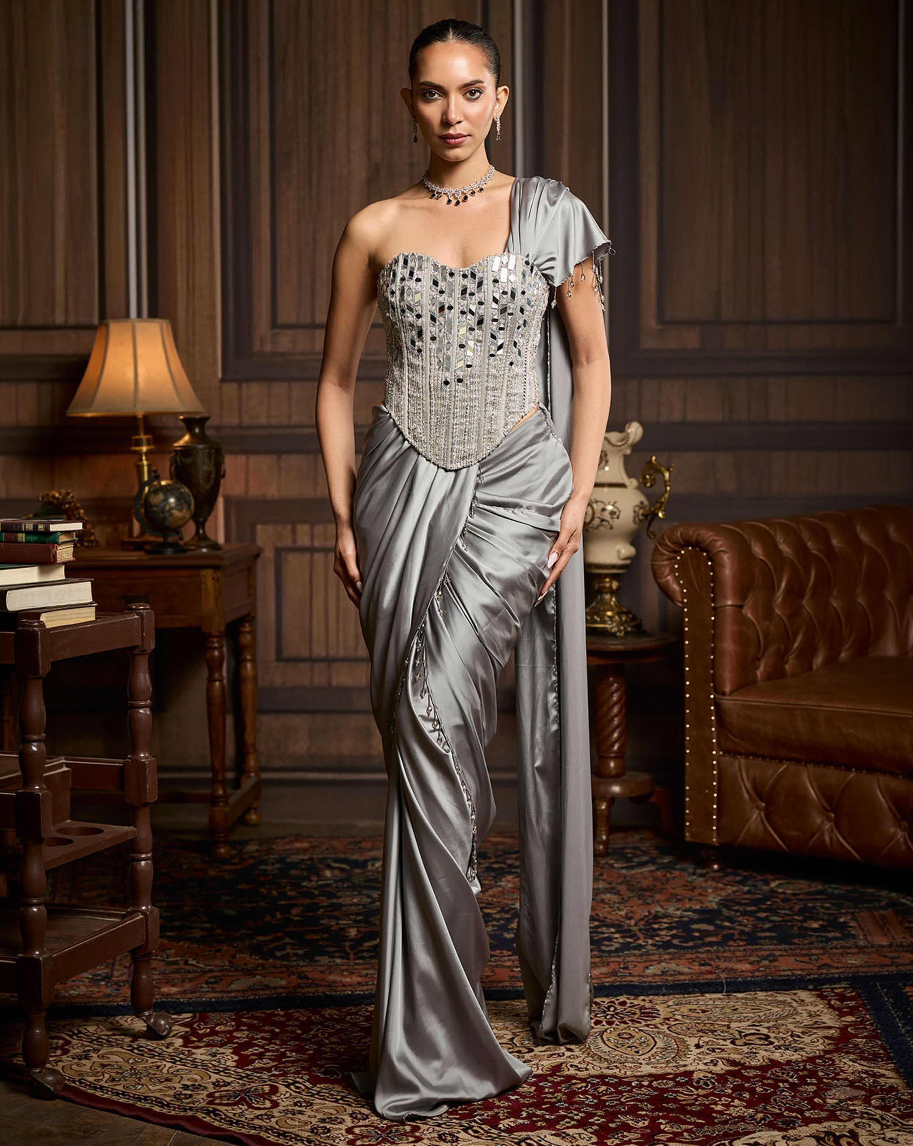 Silver Embellished Blouse And Pre Draped Saree Set