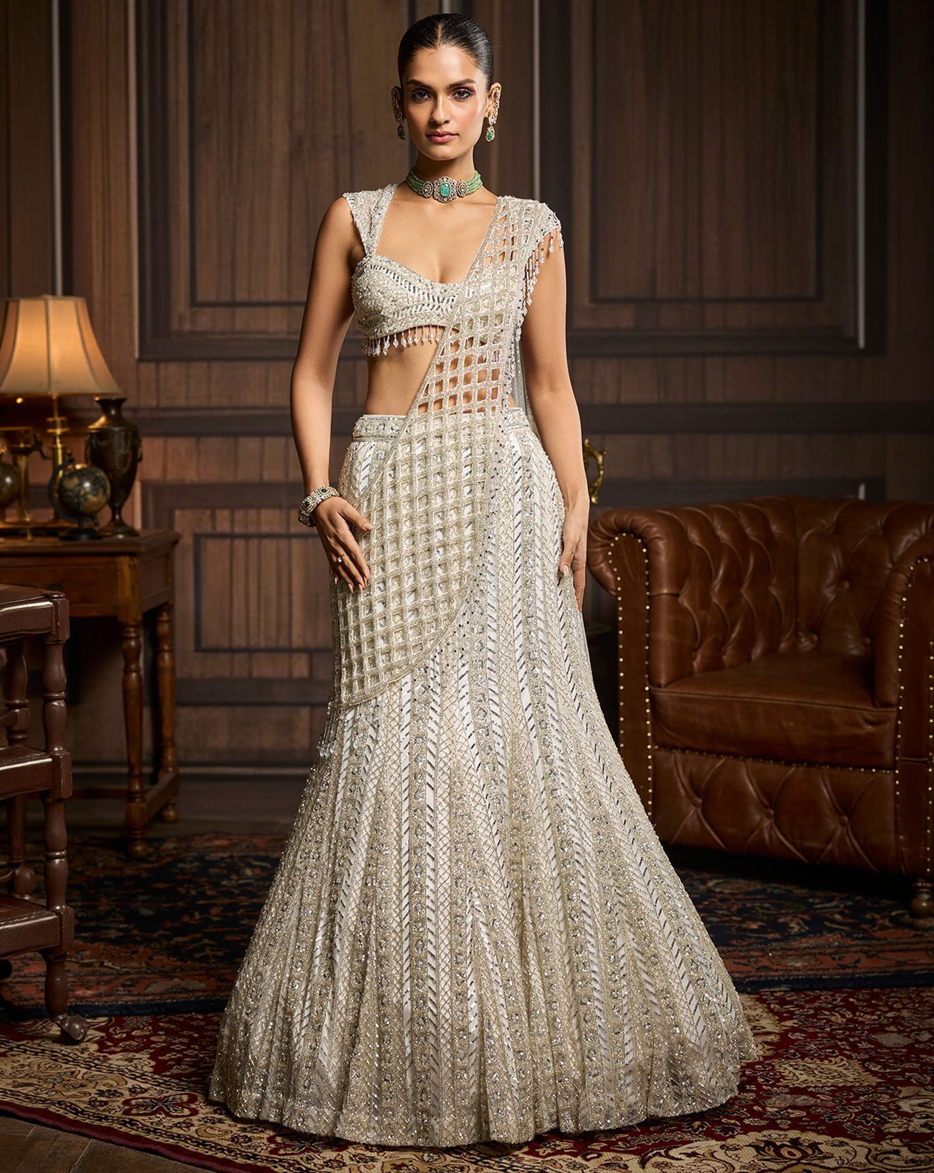 Silver Embellished Mermaid Skirt Saree Set