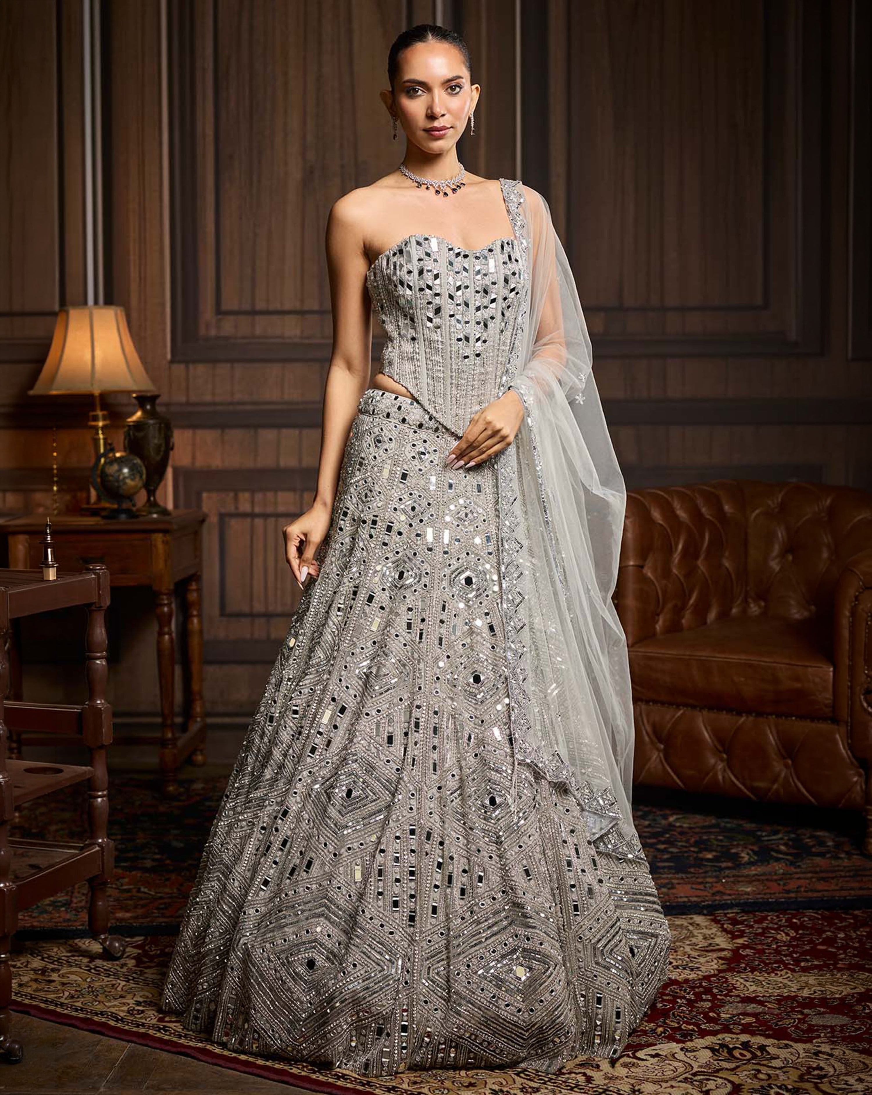 Silver Embellished Mirrorwork Lehenga Set