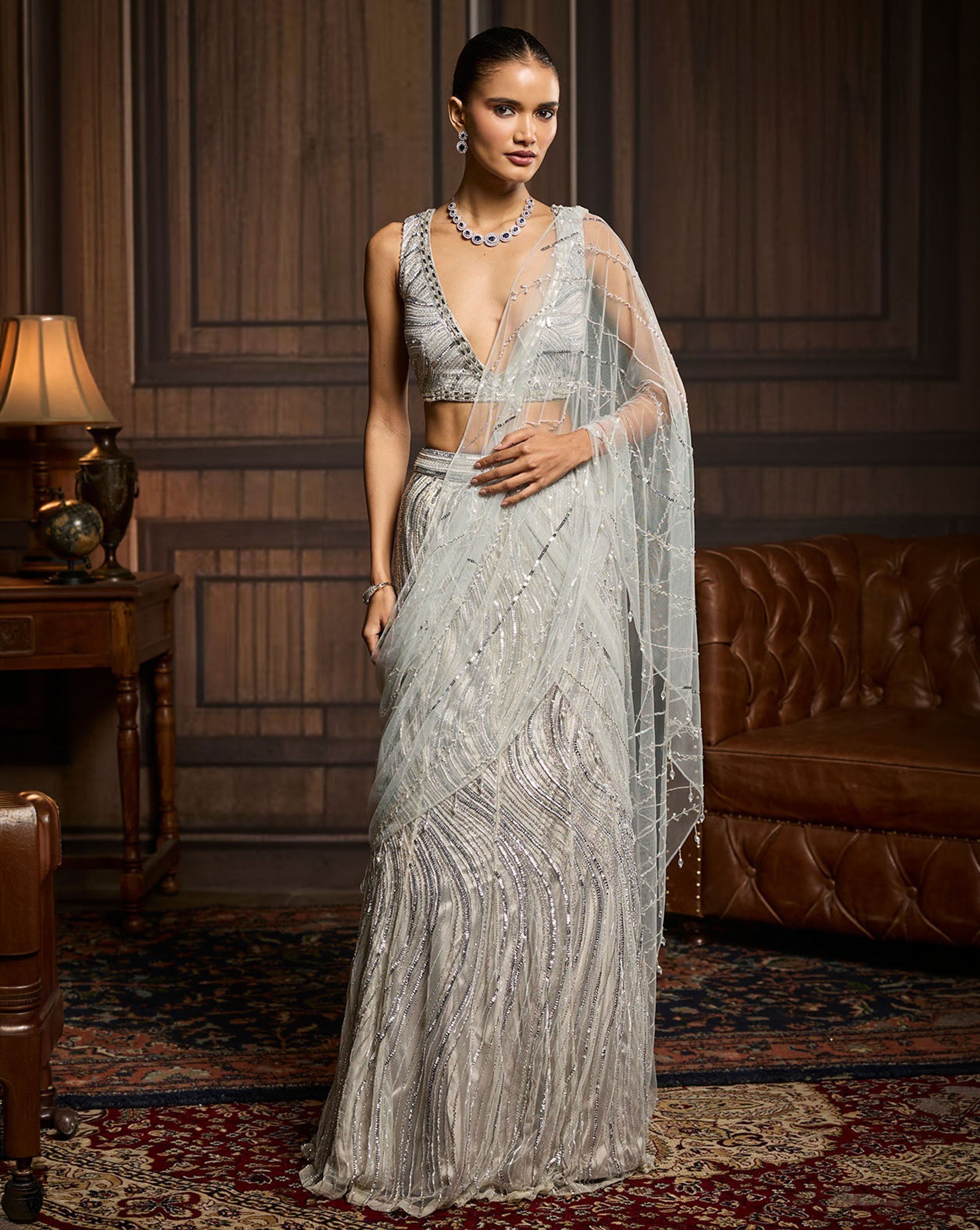 Silver Embellished Pre-Draped Skirt Saree Set