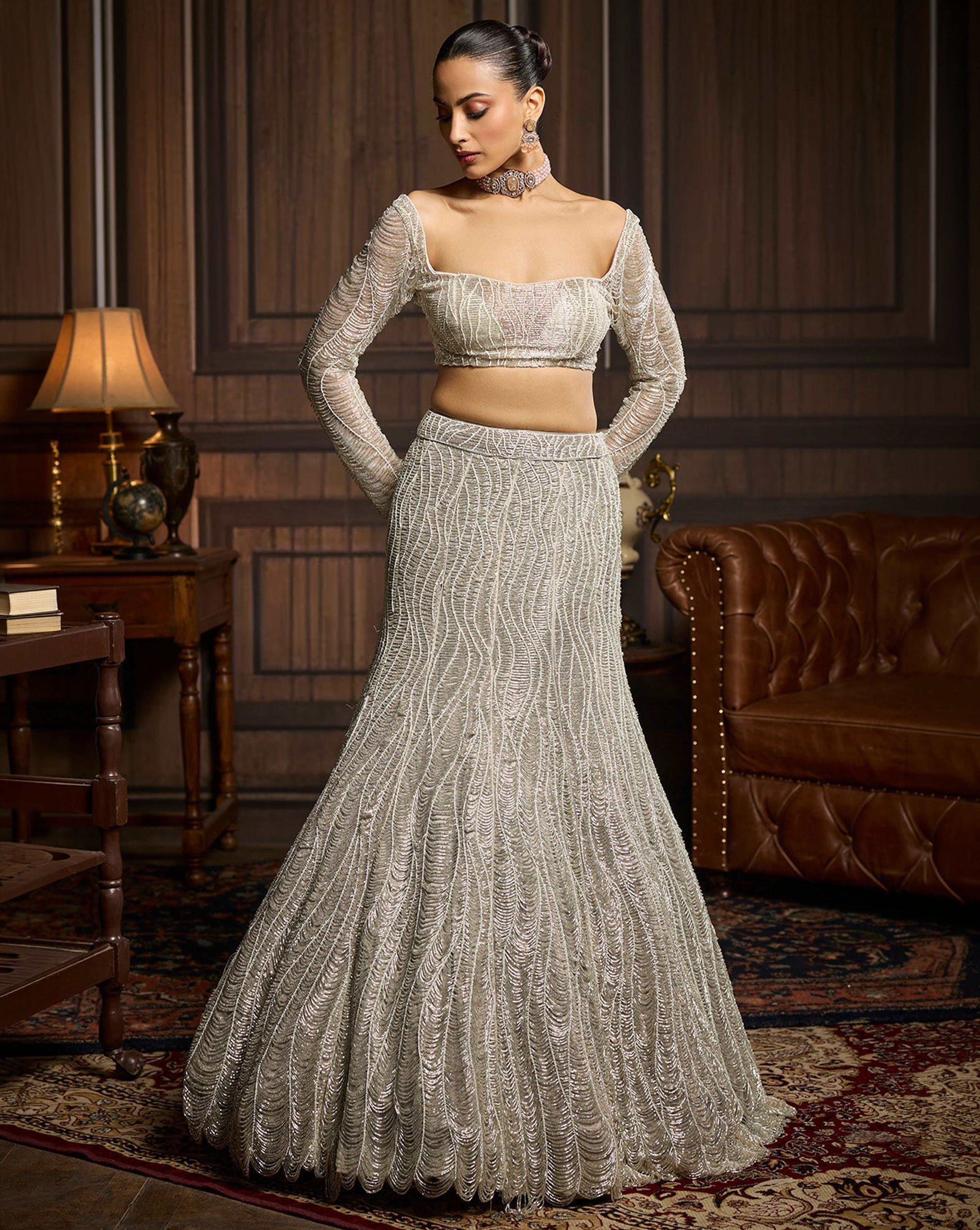Silver Fully Embellished Mermaid Skirt Set