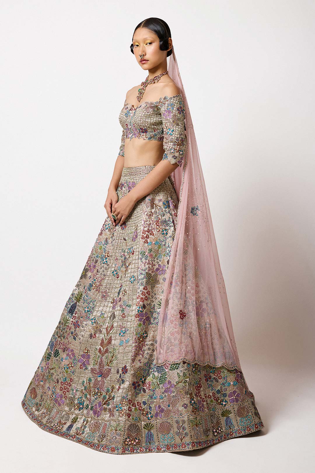 Wistoria - Silver-Gold Banarasi Tissue Brocade Lehenga