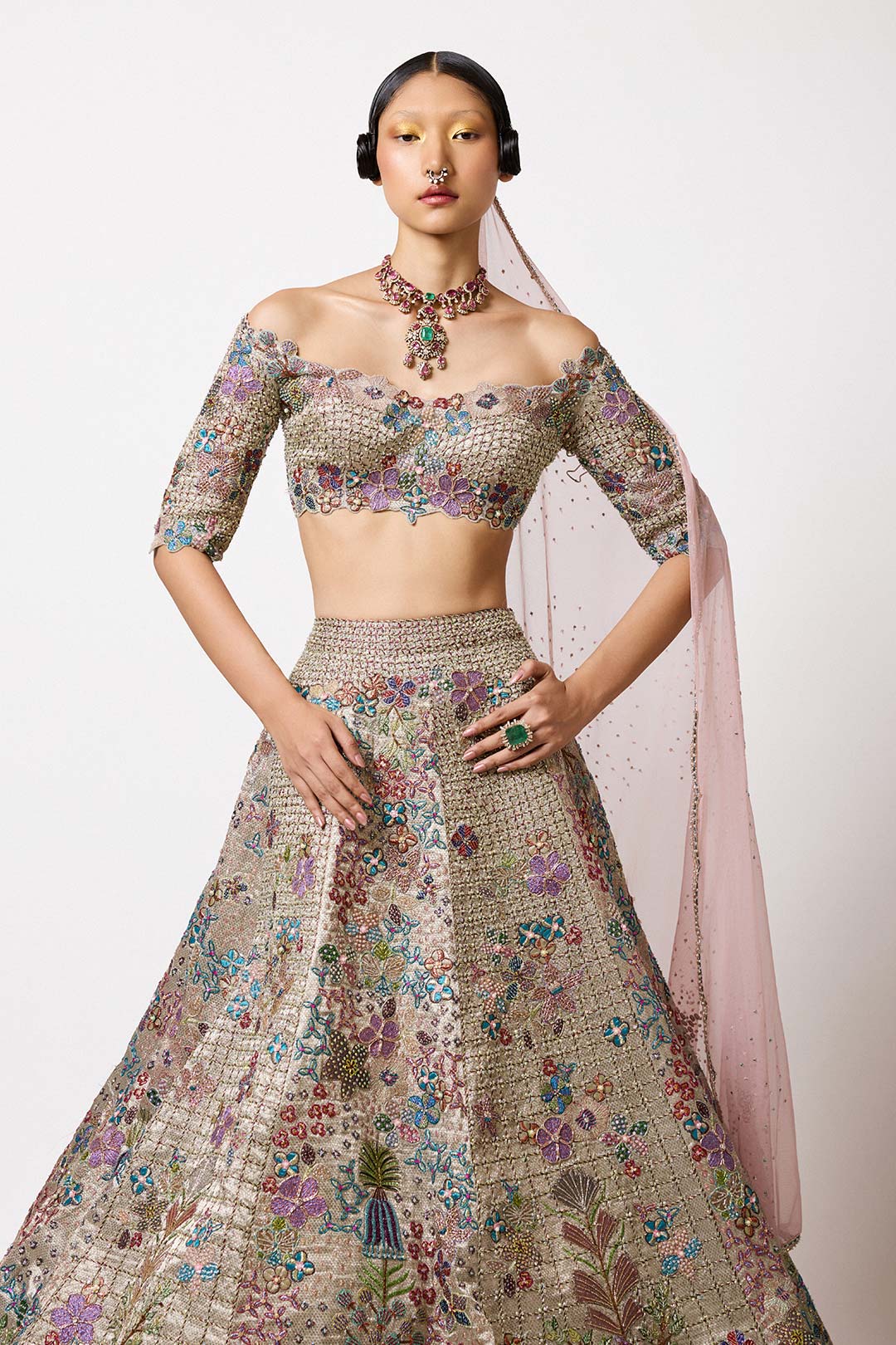 Wistoria - Silver-Gold Banarasi Tissue Brocade Lehenga