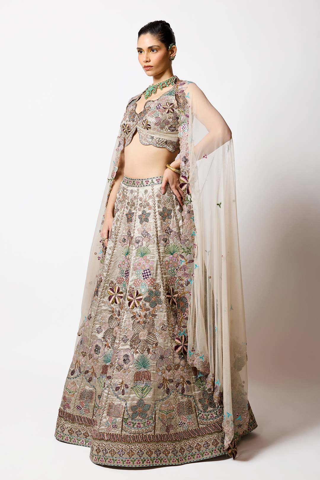 Pluvina - Silver -Gold Banarasi Tissue Brocade Lehenga