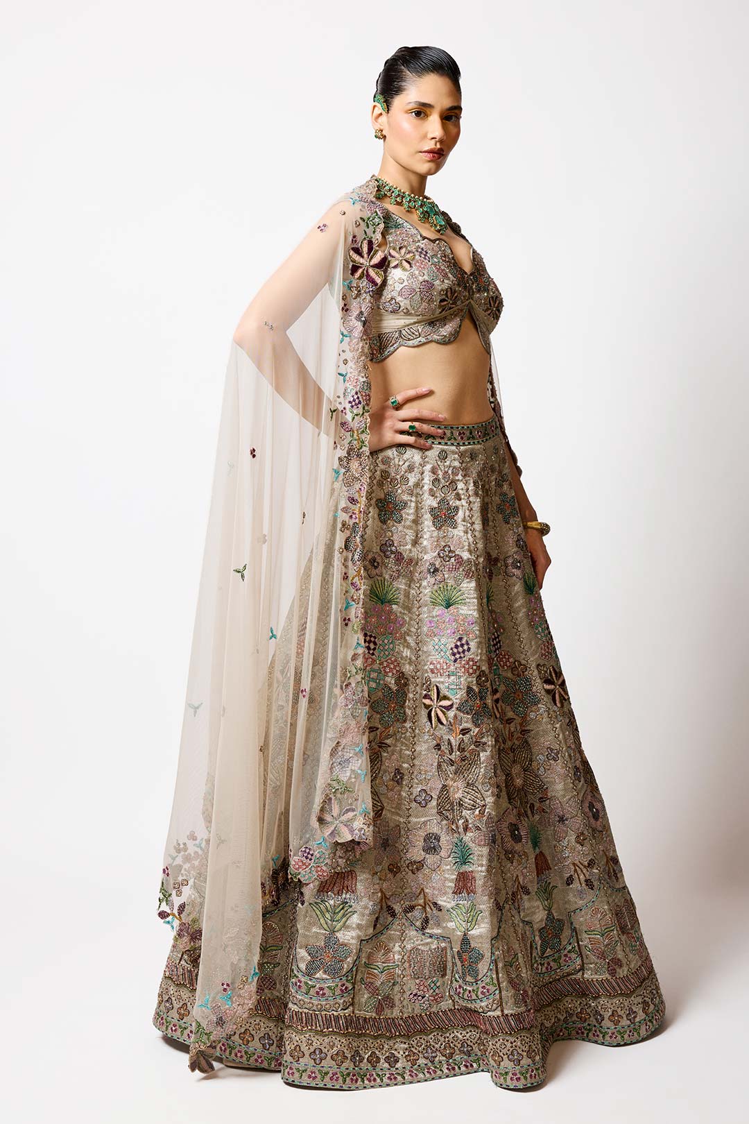 Pluvina - Silver -Gold Banarasi Tissue Brocade Lehenga