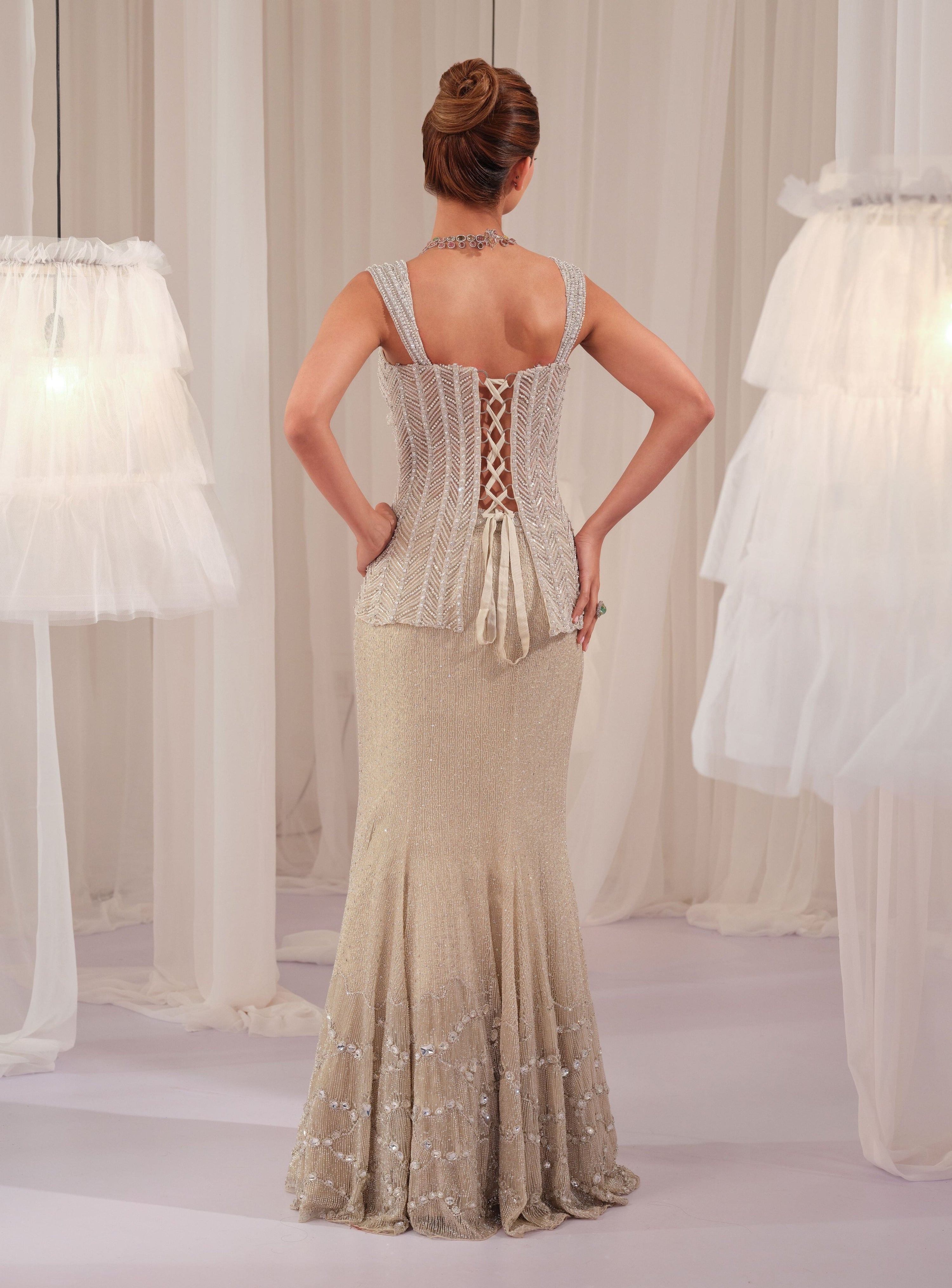 Silver Starlight Corset With Fishcut Lehenga