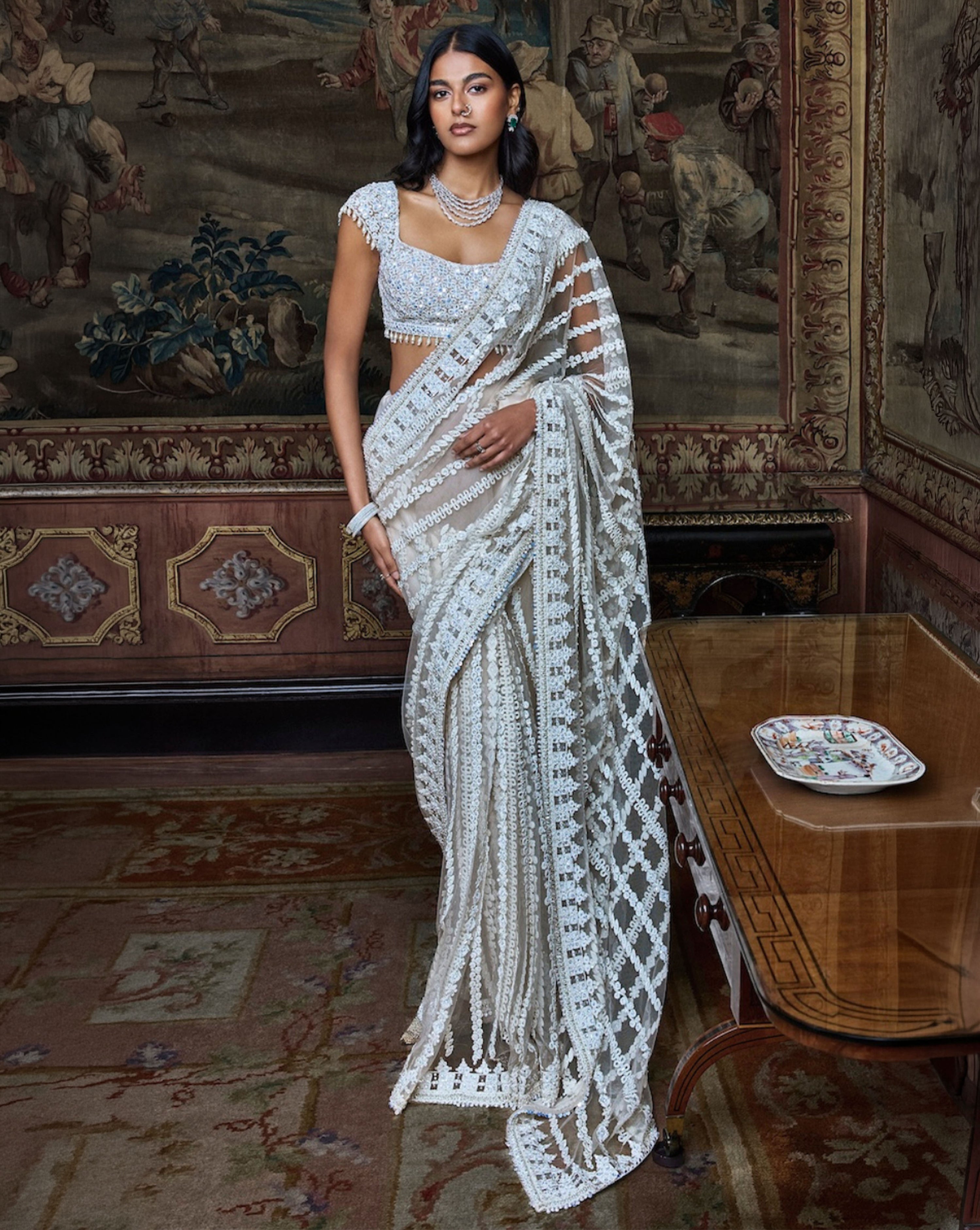 Slate Ivory Stripe Saree