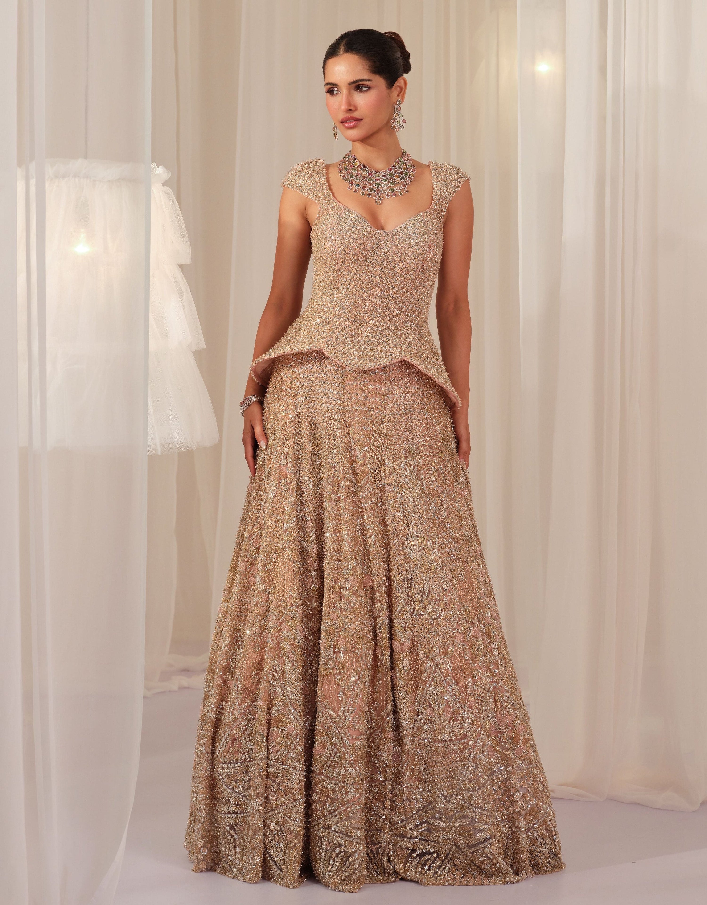 Soft Blush Hand Embellished Peplum Corset With Lehenga & Dupatta