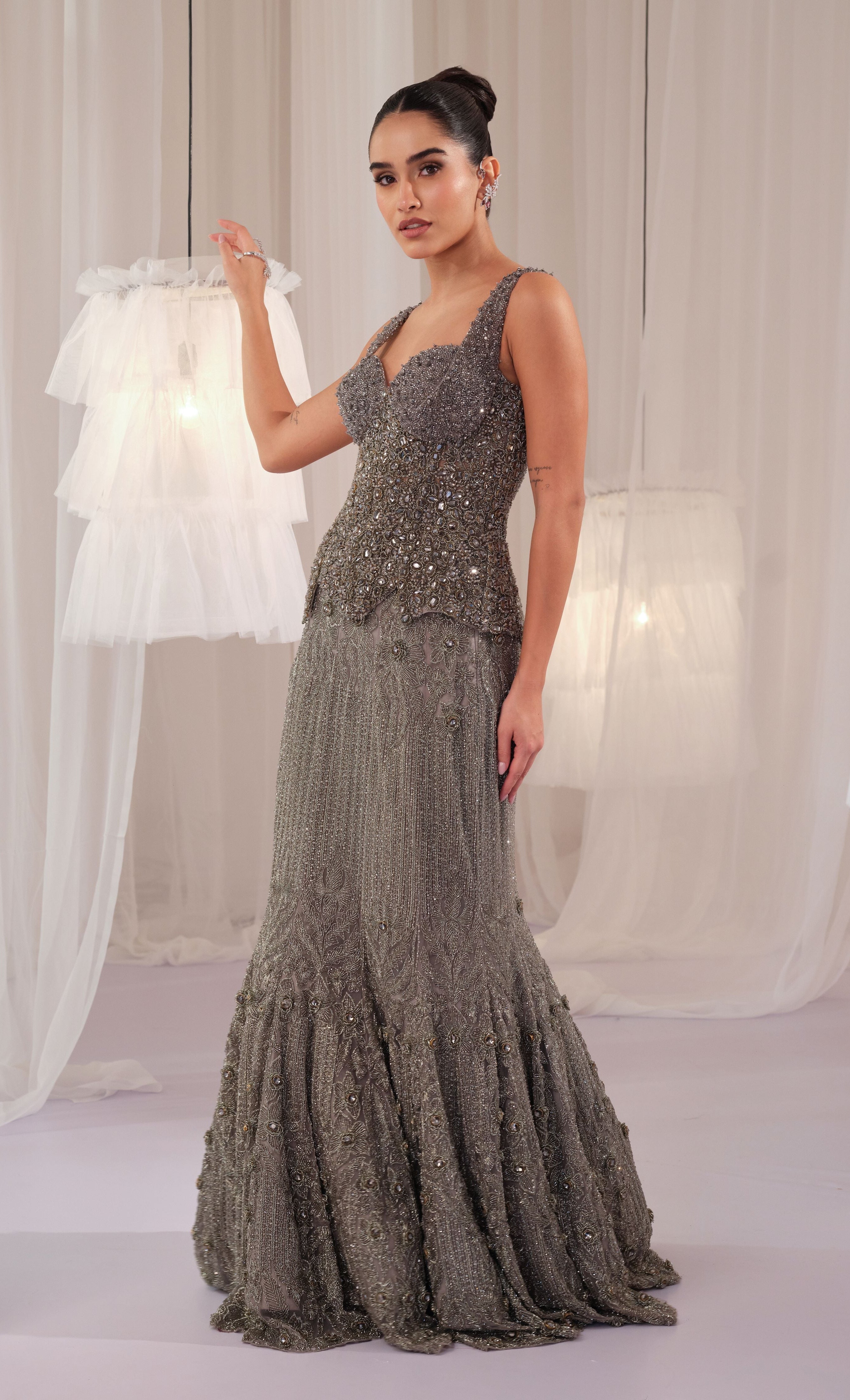 Stardust Grey Crystal Corset With Fishcut Lehenga