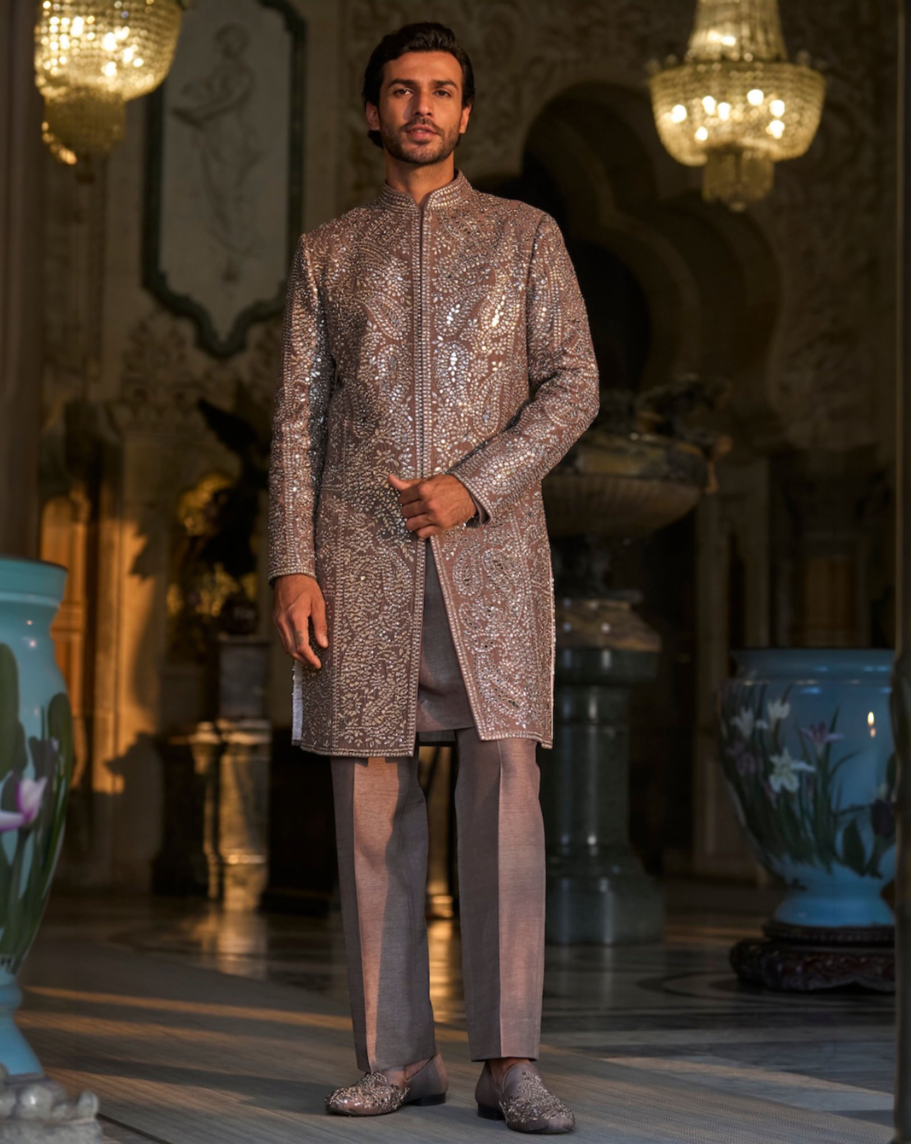 Stone Grey Mirror Work Sherwani Set