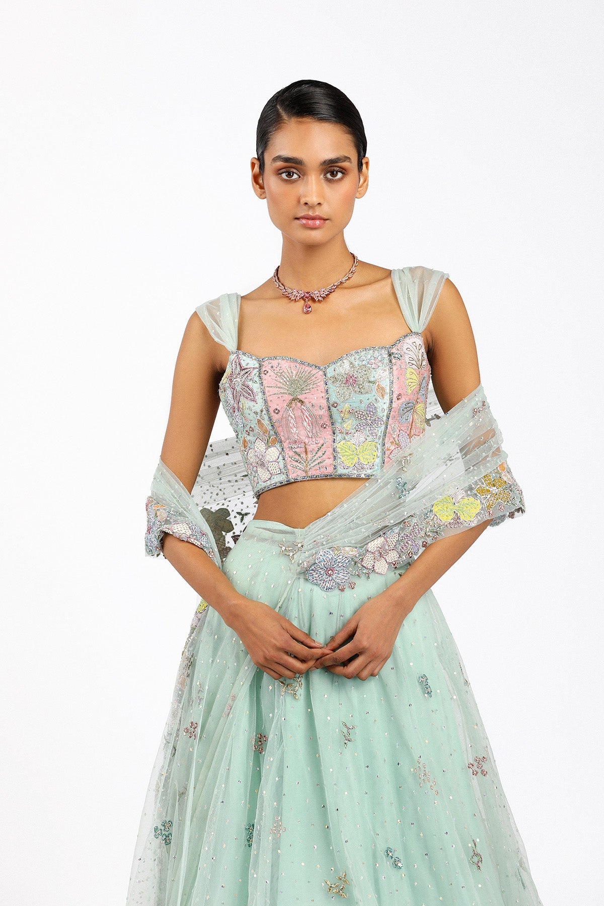Azalee - Baby Blue Tulle Saree Lehenga