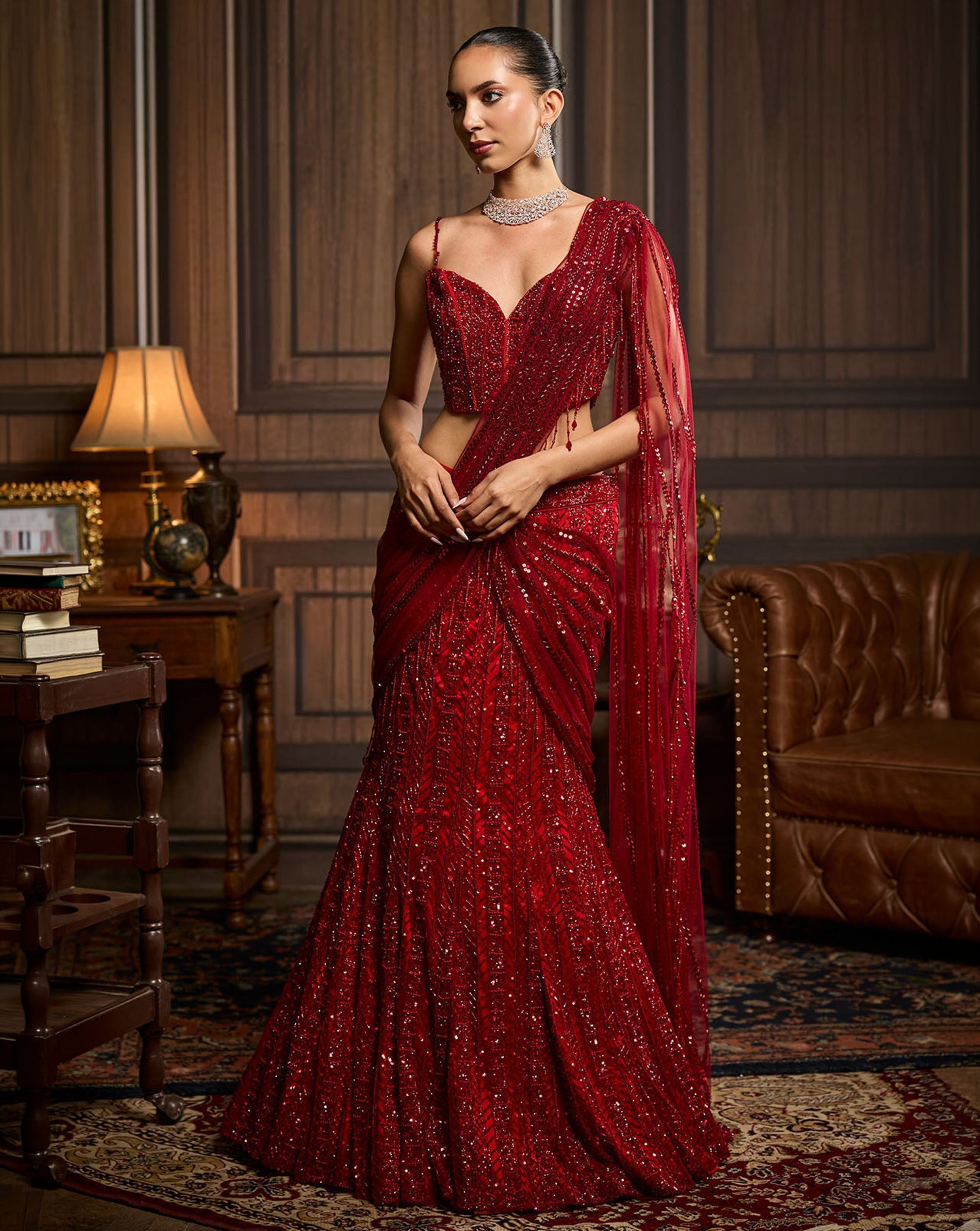 Vermillion Red Embellished Pre-Draped Skirt Saree Set