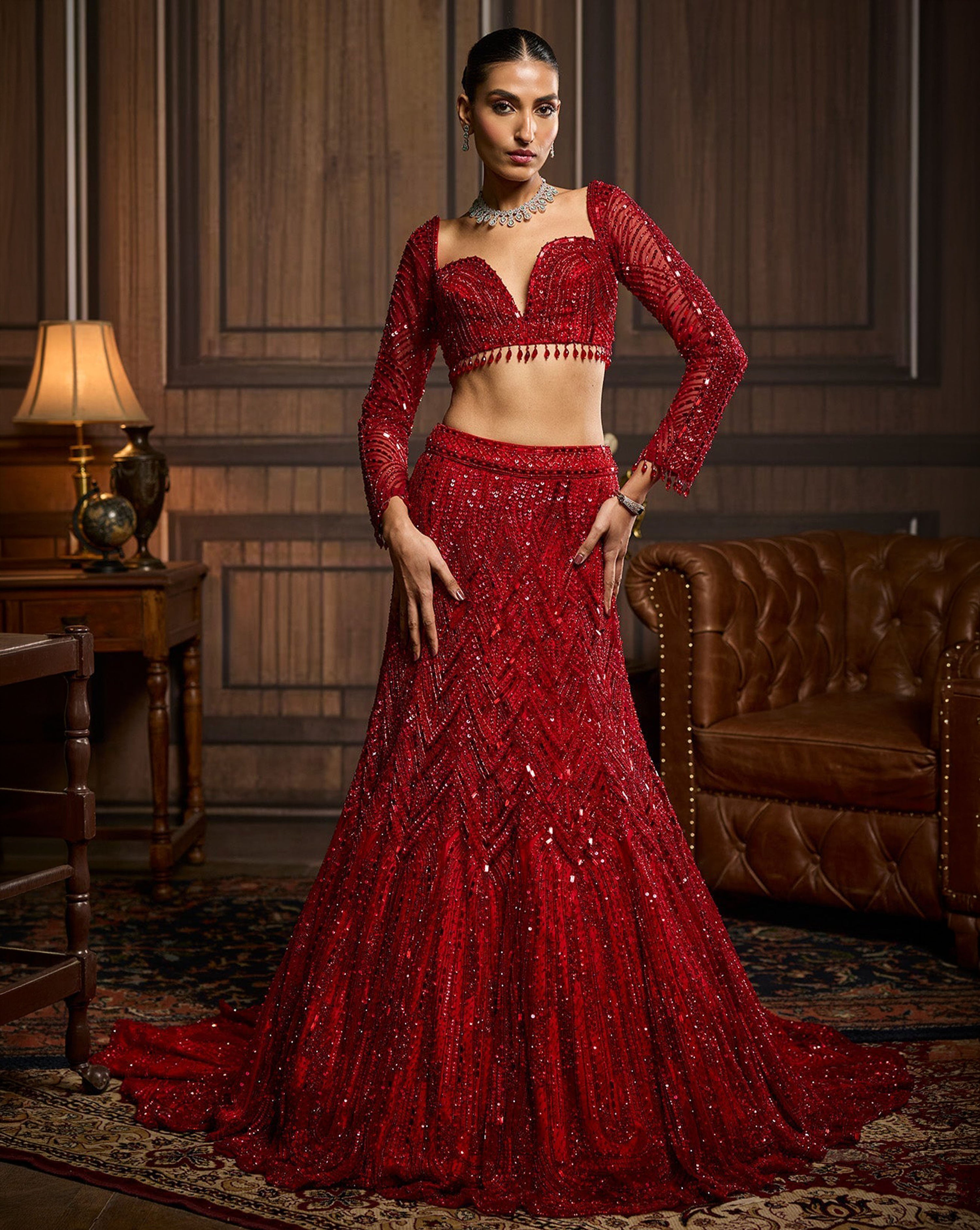 Vermillion Red Embroidered Mermaid Skirt Set