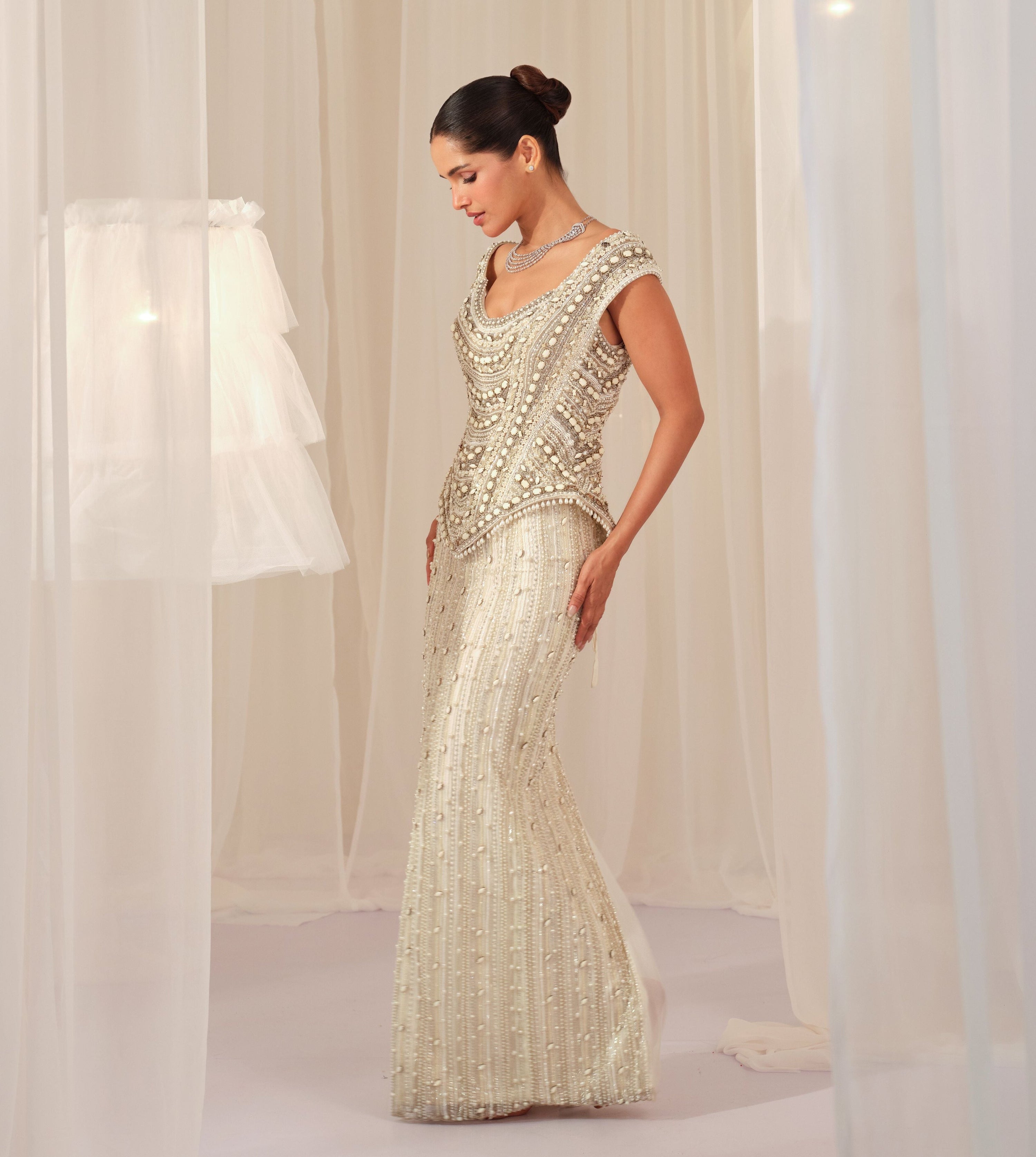 White Stone Crystal Corset with Beaded Pencil Skirt
