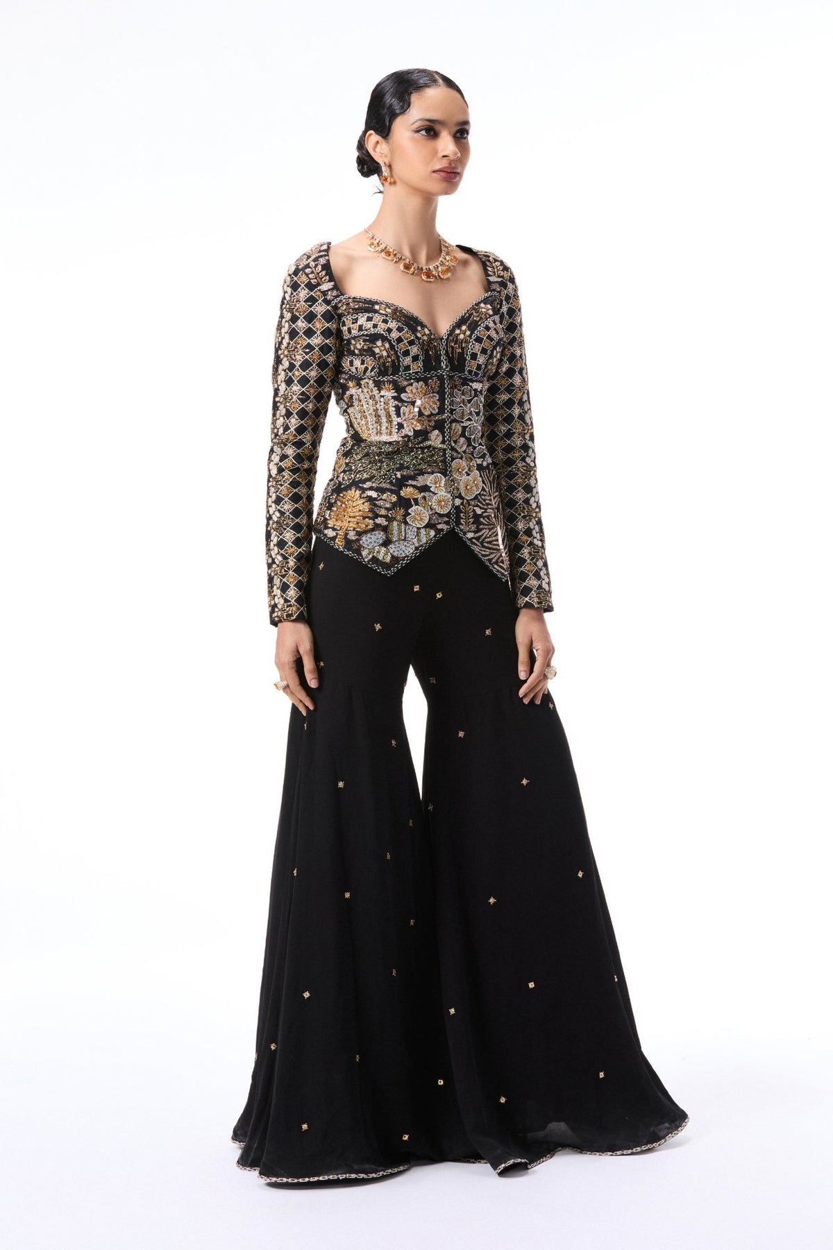 Moonlush - Black raw silk & double georgette gharara