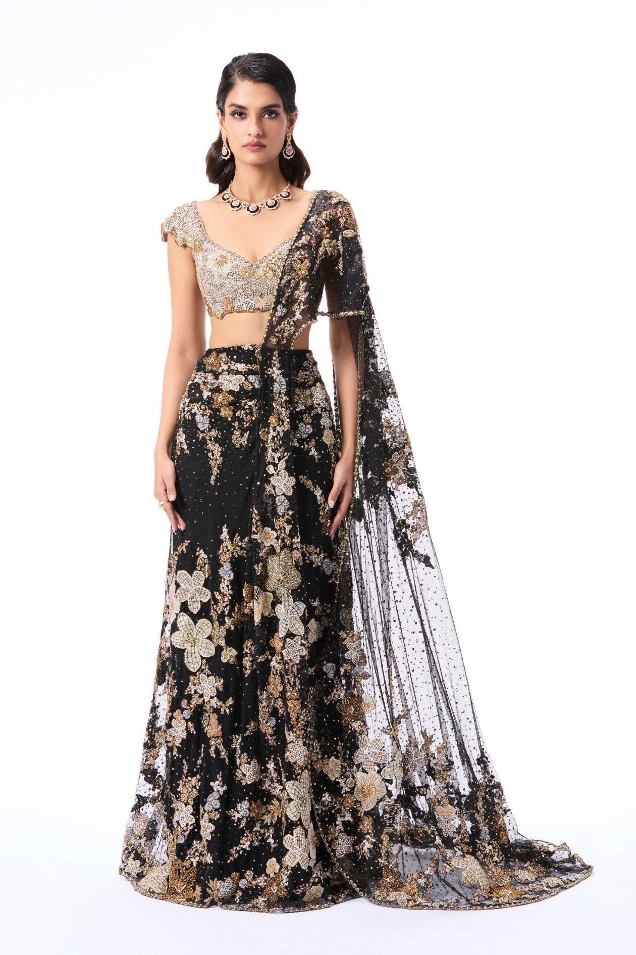 Dreamveil - Black Tulle Draped Saree