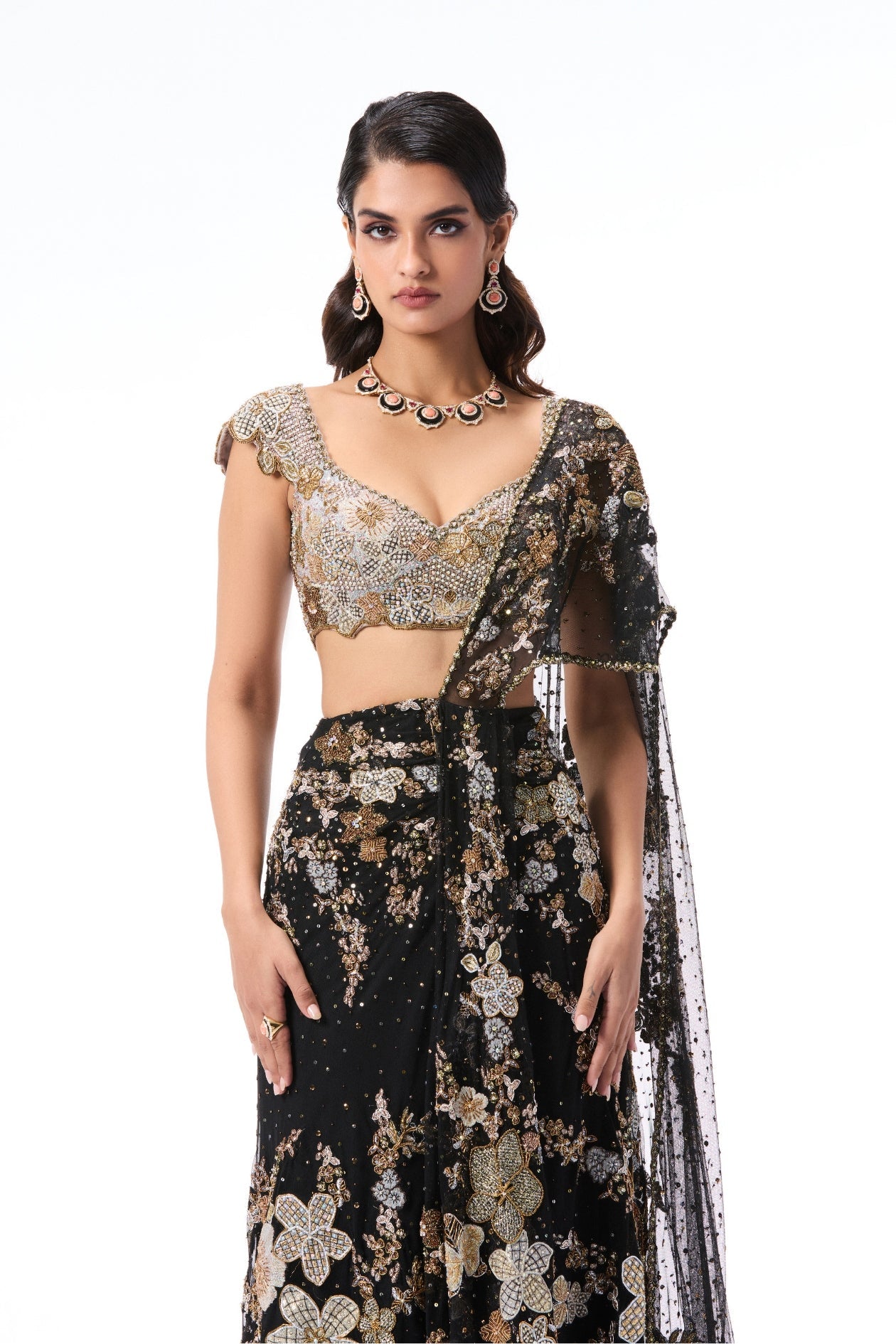 Dreamveil - Black Tulle Draped Saree