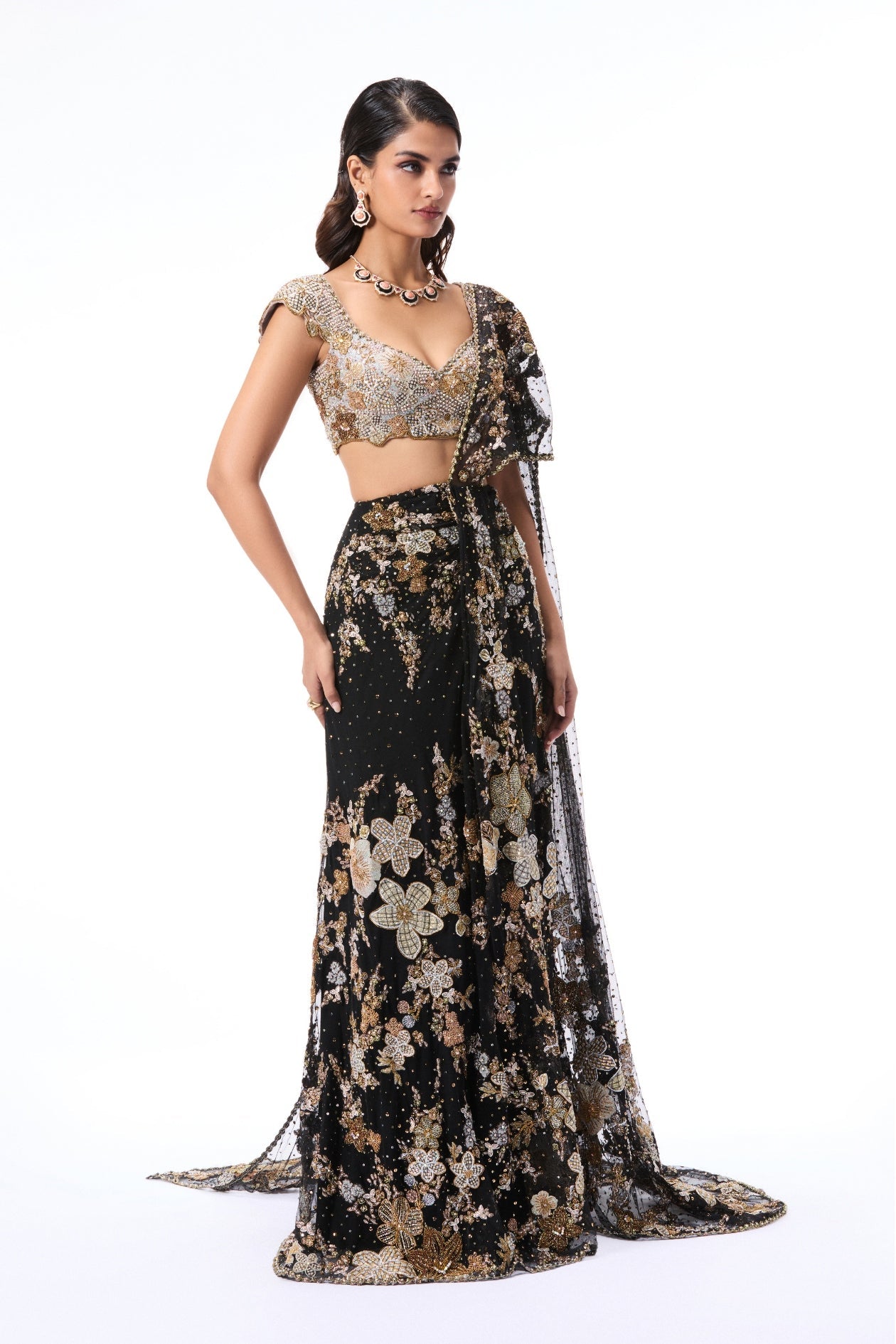 Dreamveil - Black Tulle Draped Saree