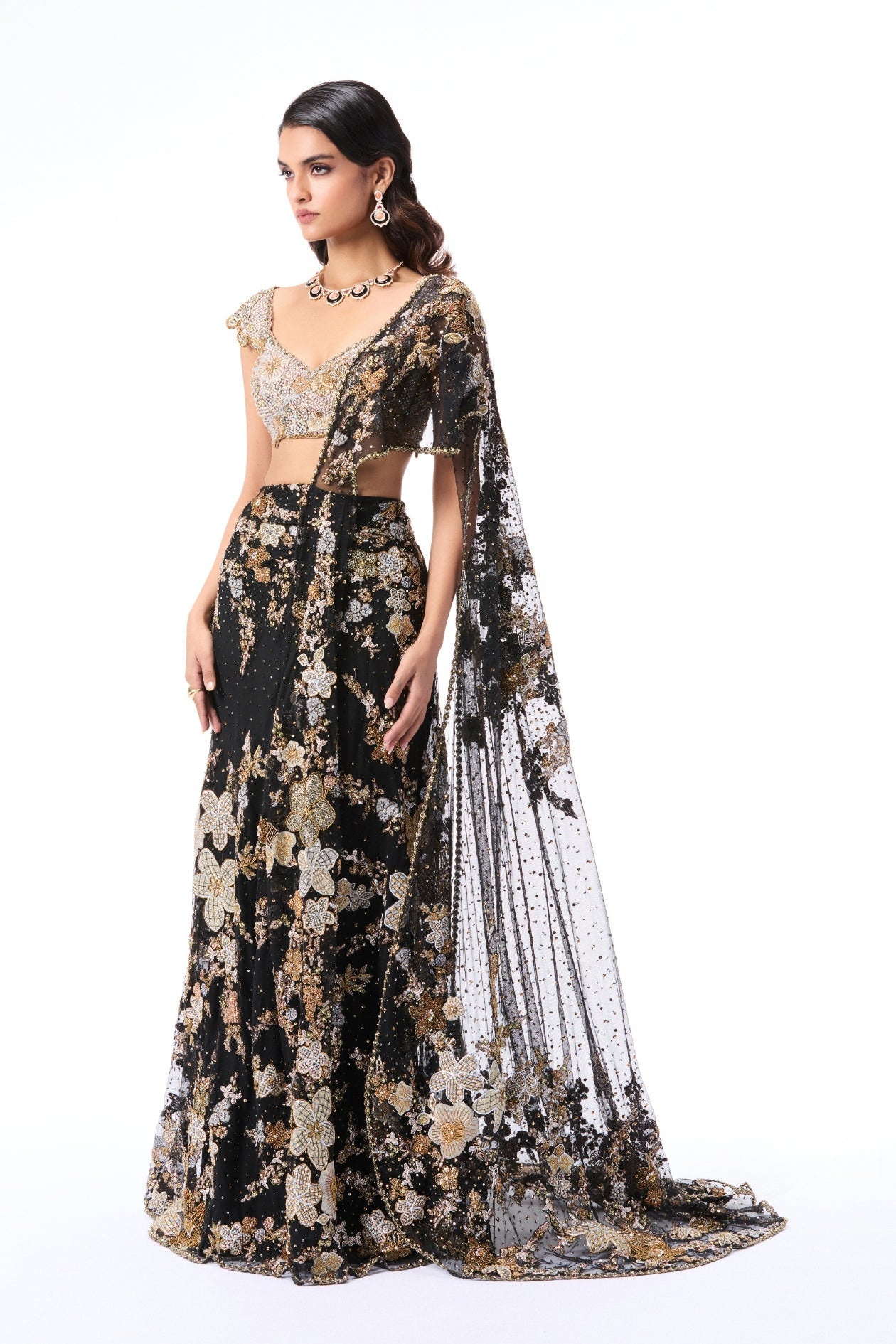 Dreamveil - Black Tulle Draped Saree