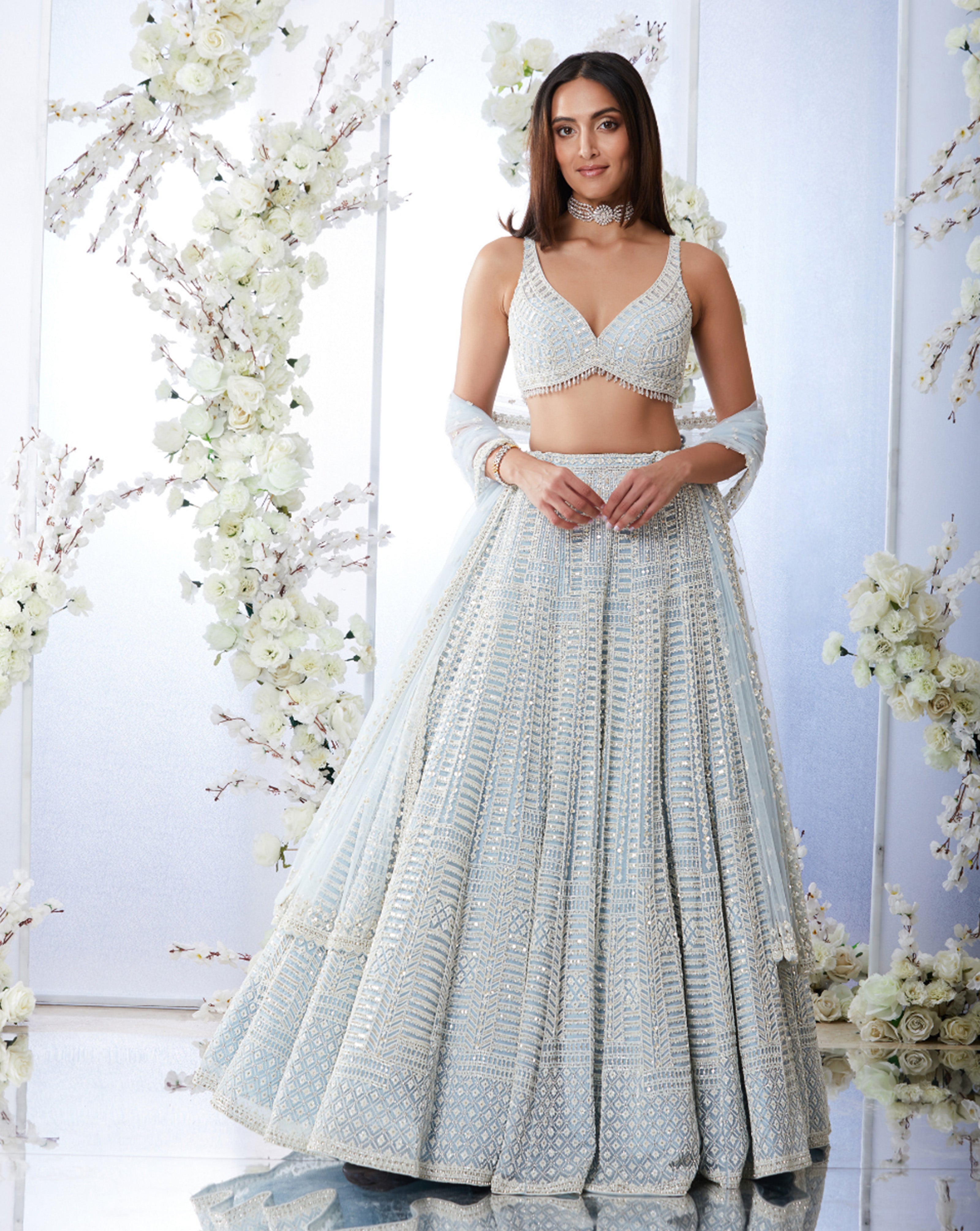 Buy YAZU Georgette Sequence Embroidered Semi-Stitched Lehenga Choli With  Dupatta For Women's (White) Free Size at Amazon.in